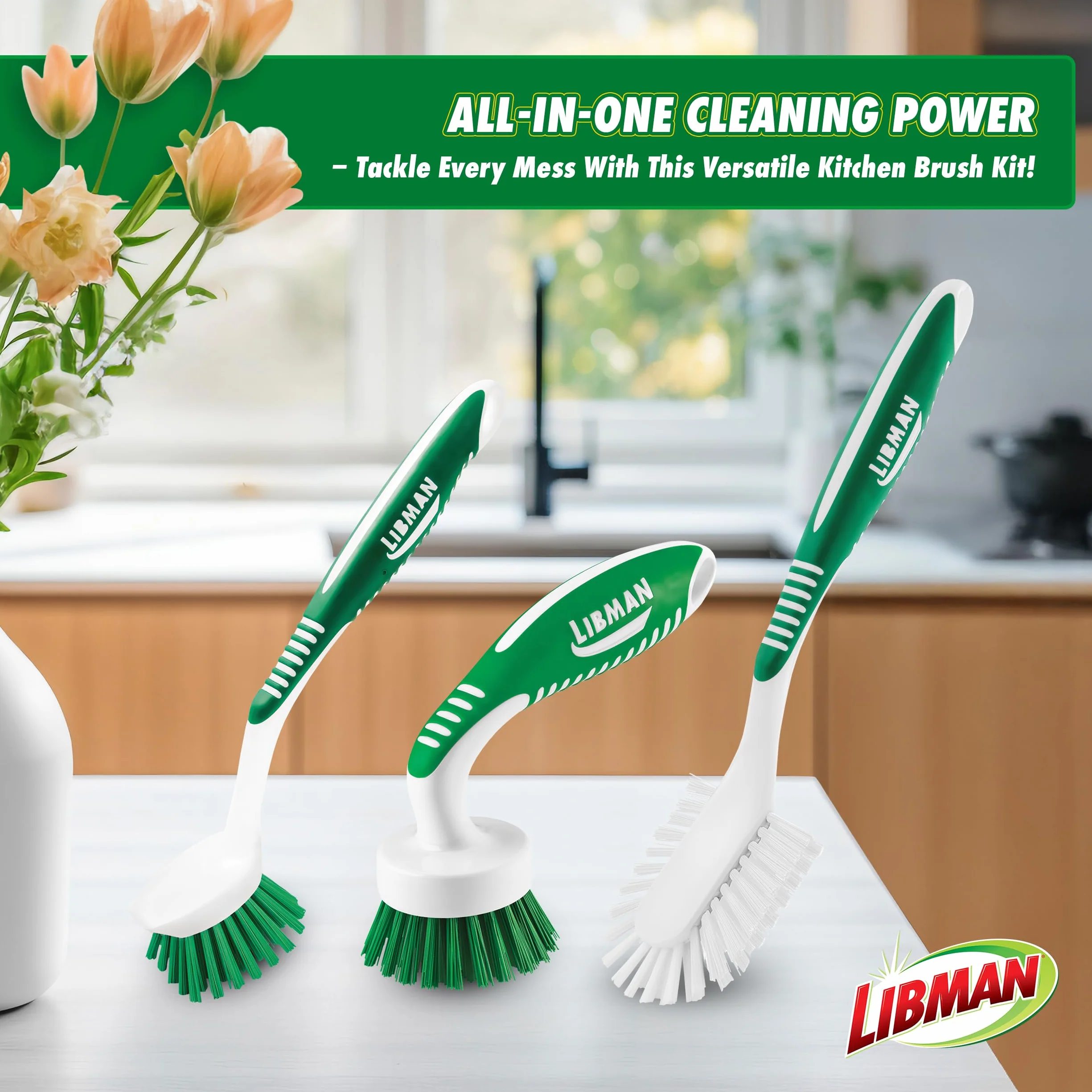 Libman Szczotka kuchenna, plastikowe włókna PET z recyklingu, zielona i biała