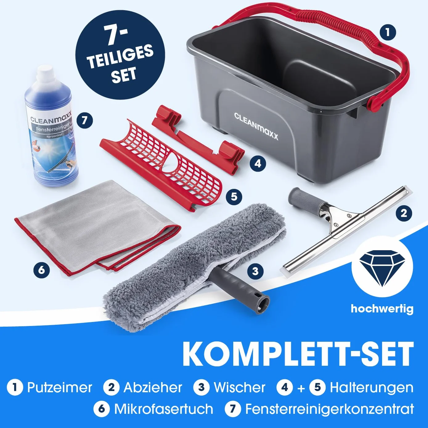 CLEANmaxx 7-częściowy zestaw do czyszczenia okien bez smug, ściągacz, wiadro, ściereczka z mikrofibry