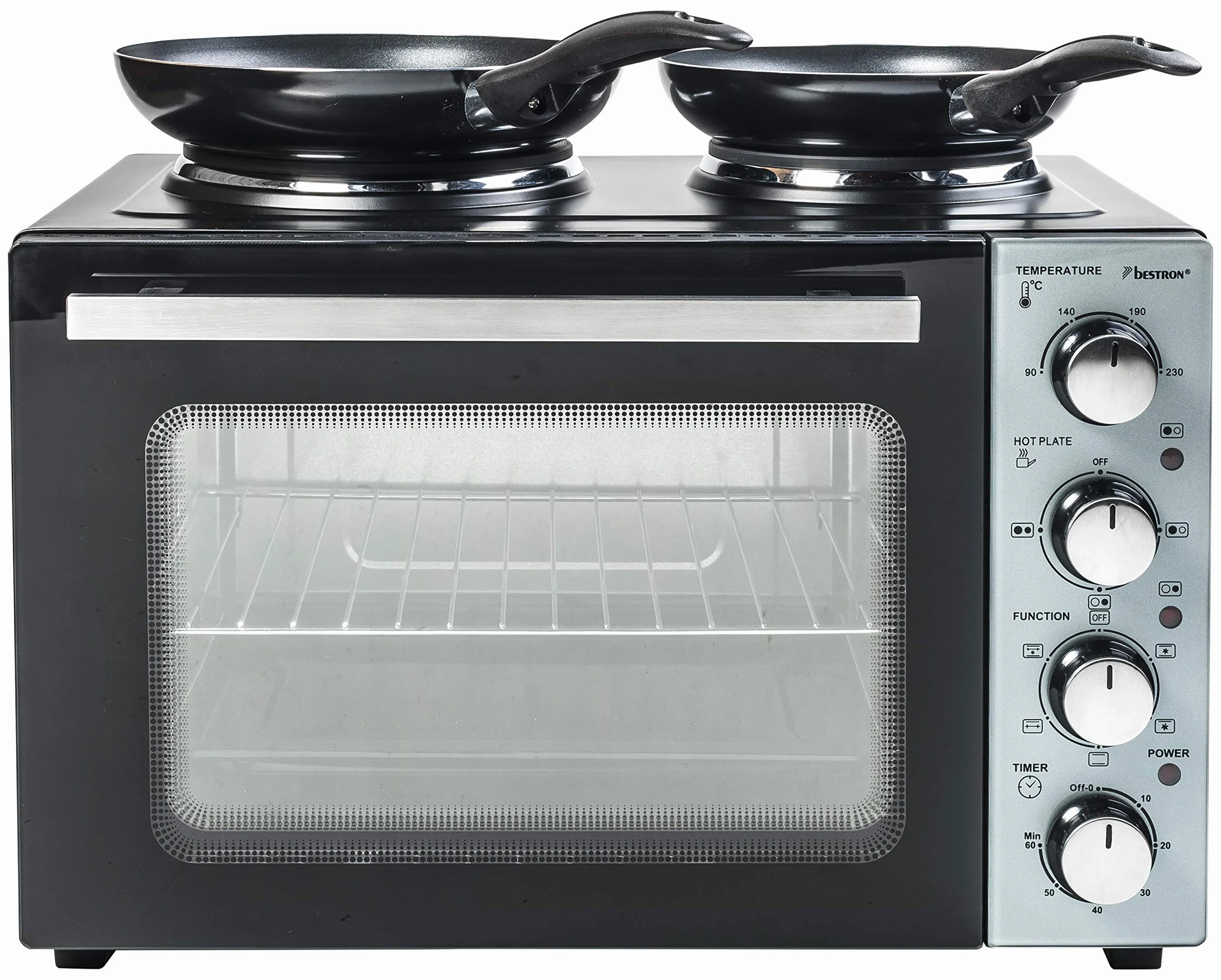 Bestron AOV31CP mała kuchnia, mini piekarnik z podwójną płytą grzewczą, górna/dolna grzałka z funkcją obiegu powietrza do 230°C, 3200 W, czarny