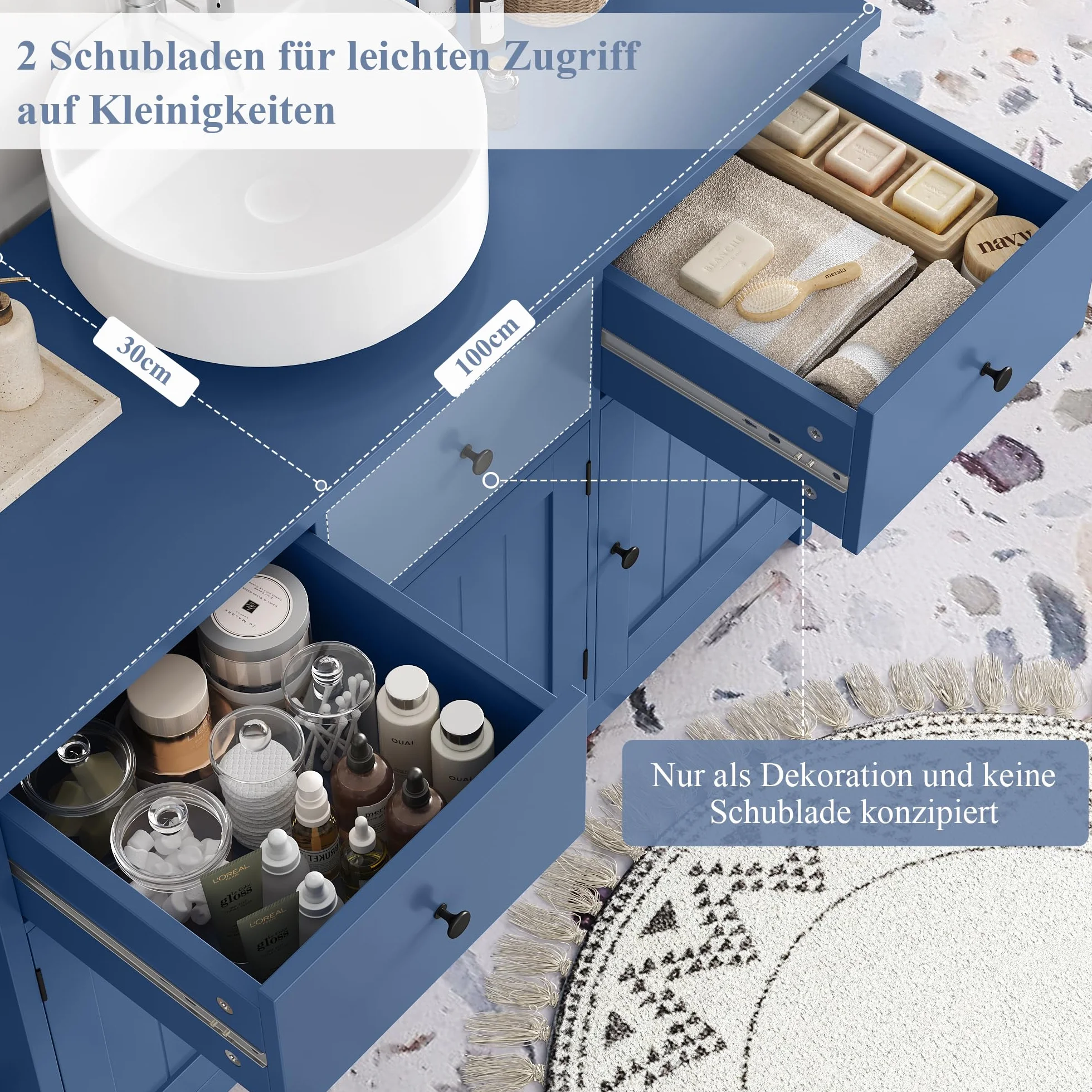 FOREHILL szafka pod umywalkę 100 cm szerokości, szafka łazienkowa z 3 drzwiami i 2 szufladami do łazienki, 100 x 30 x 61 cm, niebieski
