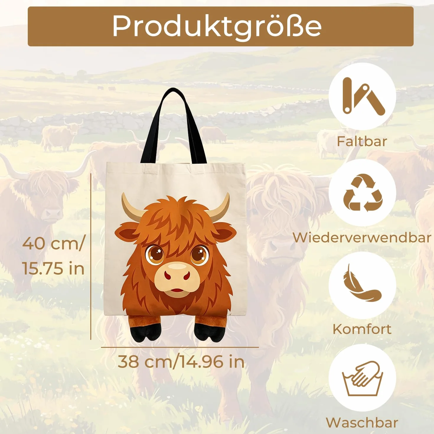 Onperpoe Torba materiałowa Highland Cow torba jutowa z nadrukiem z zapięciem na magnes, torba materiałowa Canvas Tote Bag szkocka wołowina górska torba na zakupy krowa Highland Prezenty Torba do