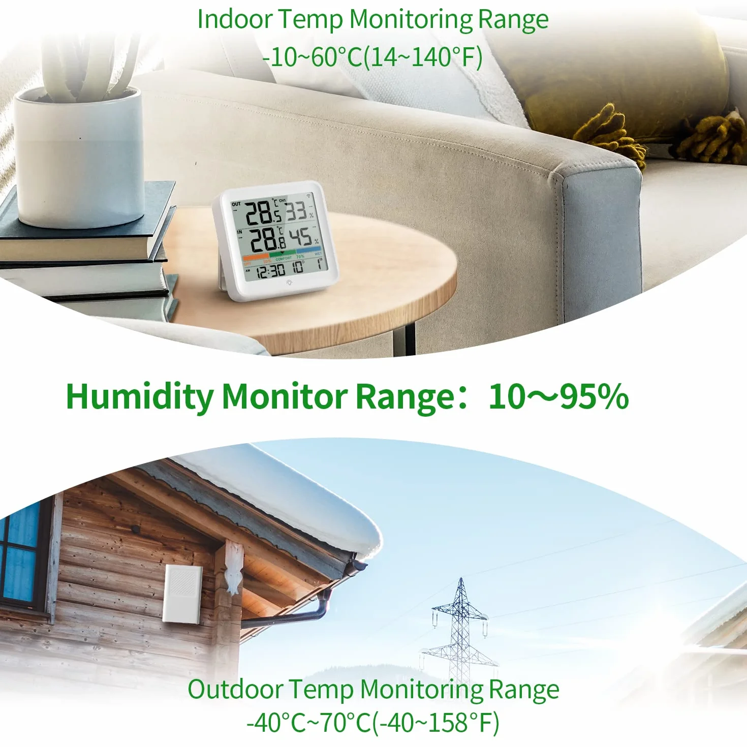 VOCOO Wireless Thermometer Indoor Outdoor Hygrometer with 1 Remote Sensors,Digital Humidity Temperature Gauge Meter Monitor with Backlit Clock Min/Max Value, ℉/℃ Air Indicator for Home, Greenhouse