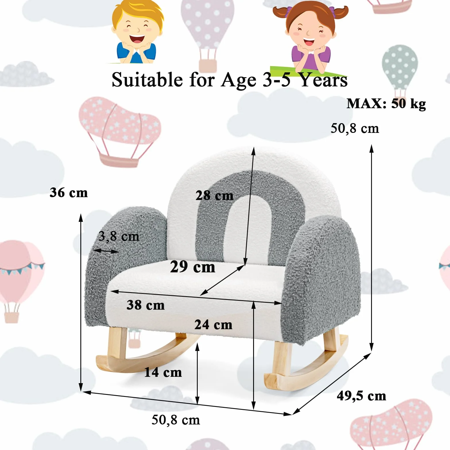 LIFEZEAL Fotel dziecięcy, sofa dla małych dzieci, mini sofa dla dziewczynek i chłopców, fotel bujany z aksamitnego materiału i nóg z litego drewna, krzesło do pokoju dziecięcego (szary)