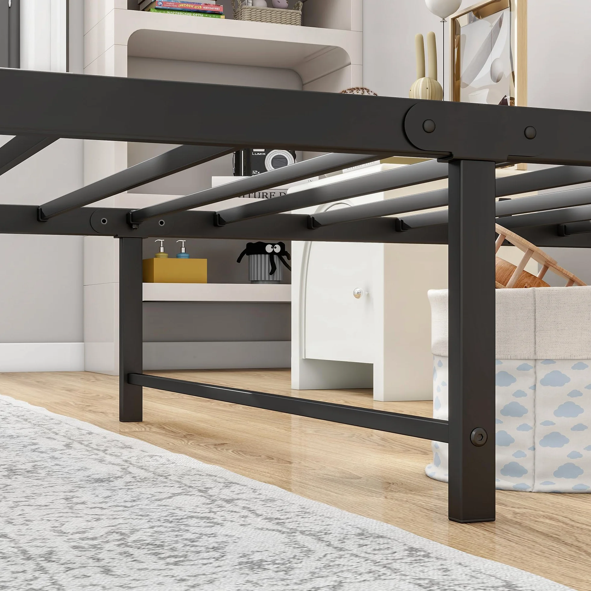 Drewniana rama łóżka ze stacją ładującą i diodami LED, metalowa rama 90 x 200 cm, łóżko pojedyncze 90 x 200 cm, z zagłówkiem i metalowym stelażem, łóżko funkcyjne, łóżko dla gości, łóżko