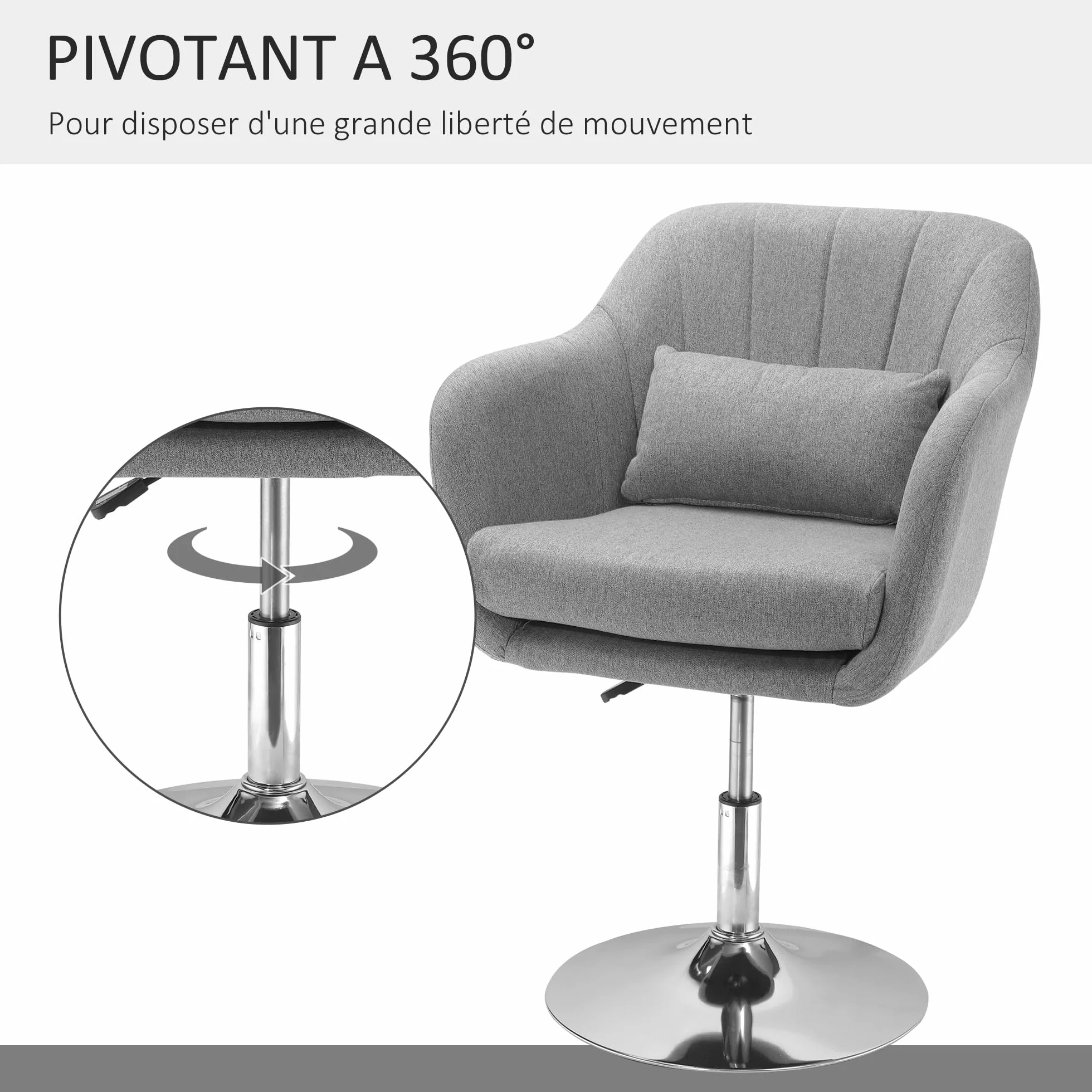HOMCOM Fotel wypoczynkowy relaksacyjny duży z regulowaną poduszką lędźwiową obrotowy 360° chromowany metal szary