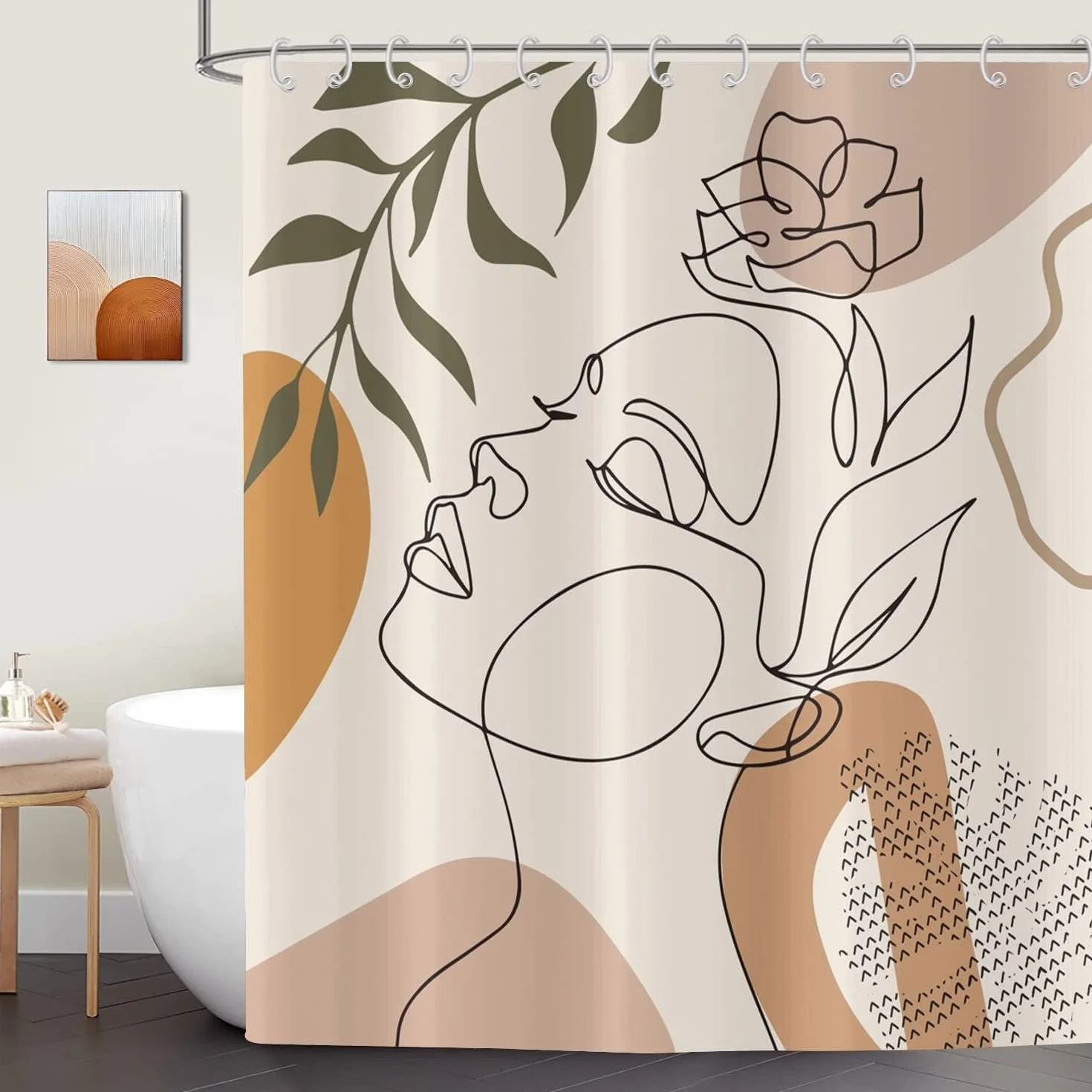 Zasłona prysznicowa w stylu boho, beżowa, 180 x 200 cm, nowoczesna, abstrakcyjna, dla dziewczynki, z twarzą, kwiat, zielone liście, nadaje się do prania, poliester, tkanina, wodoszczelna, z 12
