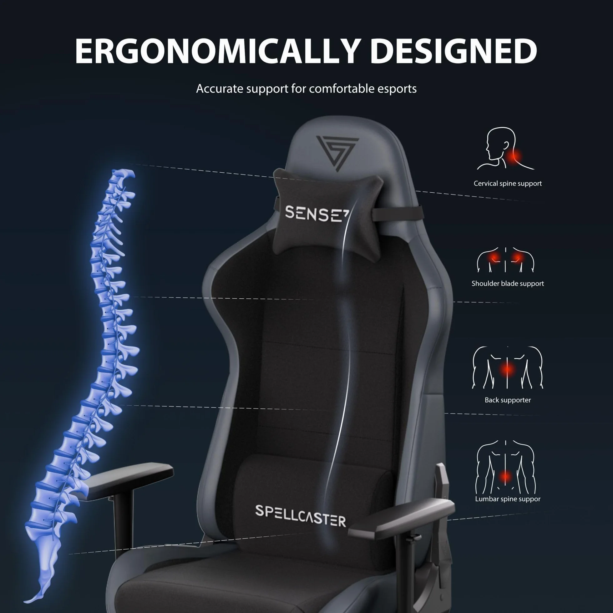 SENSE7 Spellcaster FUKU Fotel Gamingowy - Alcantara Premium - Ergonomiczny Komfort, Regulacja 160°, Regulowane Podłokietniki, Oddychająca Pianka HR - Idealny do Biura lub Gamingu, Elegancki Design