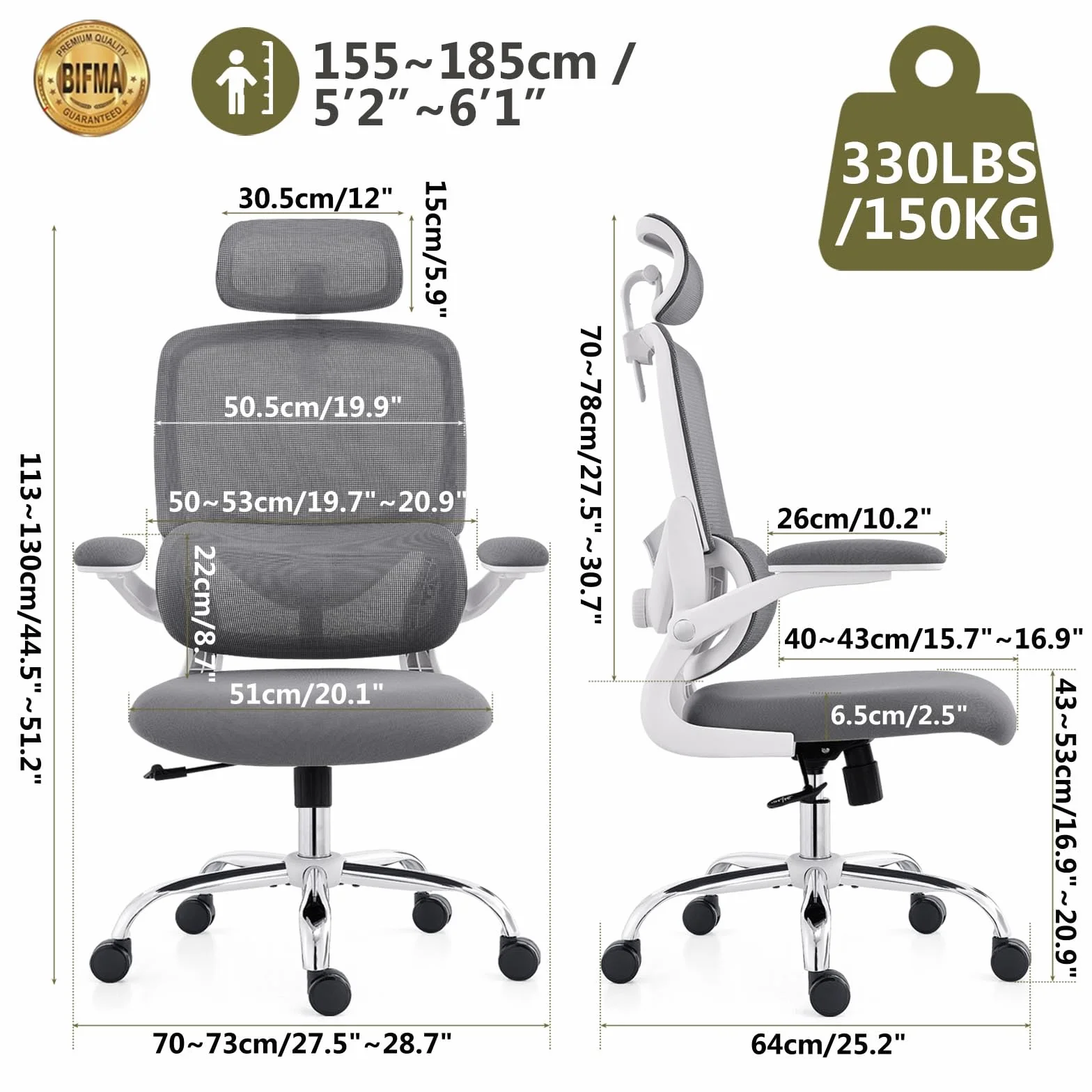 Ergonomiczny fotel biurowy z siatkowym oparciem, regulowanym wsparciem lędźwiowym, 150 kg Biały Szary