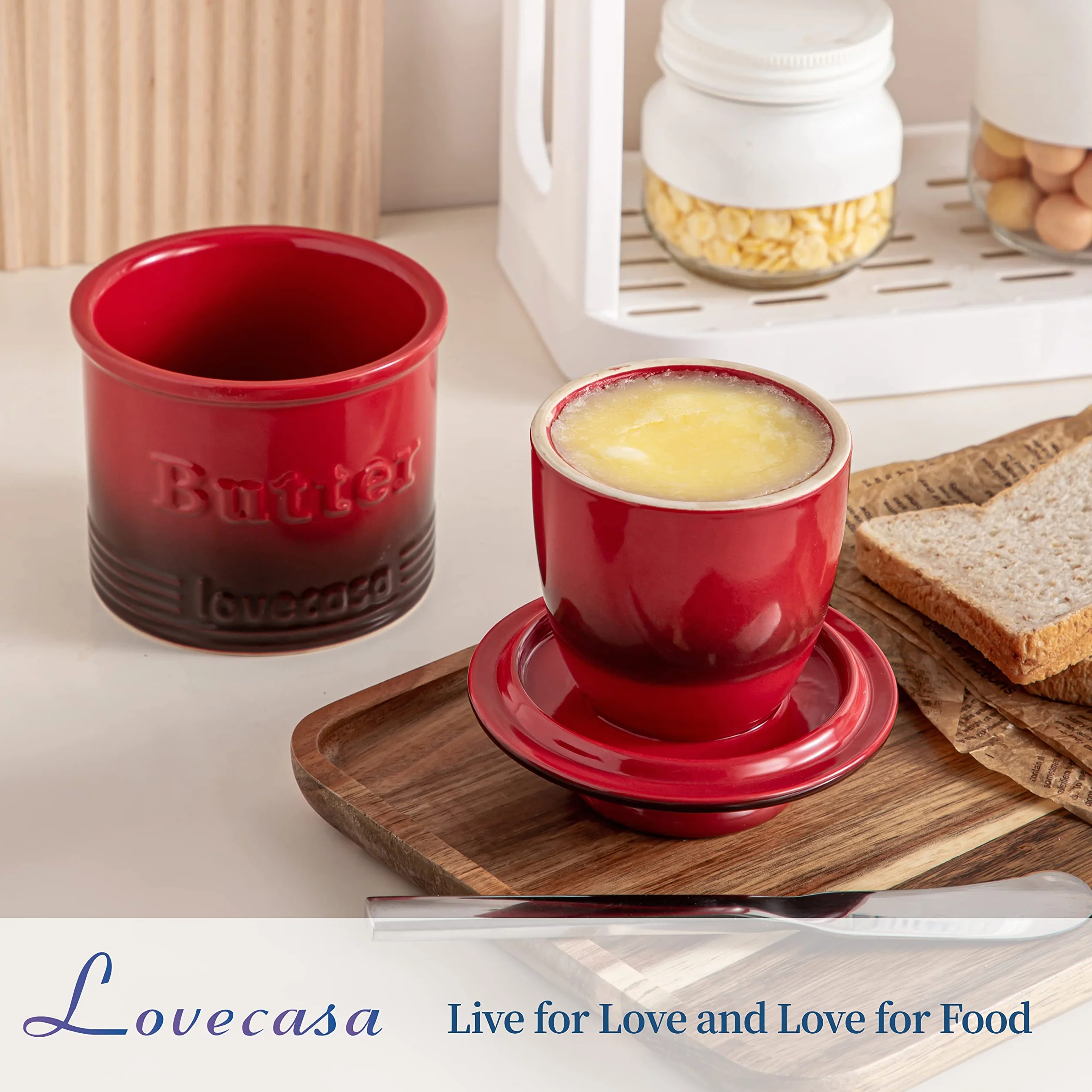 Lovecasa Porcelanowy pojemnik na masło z linią wodną ceramiczny czerwony