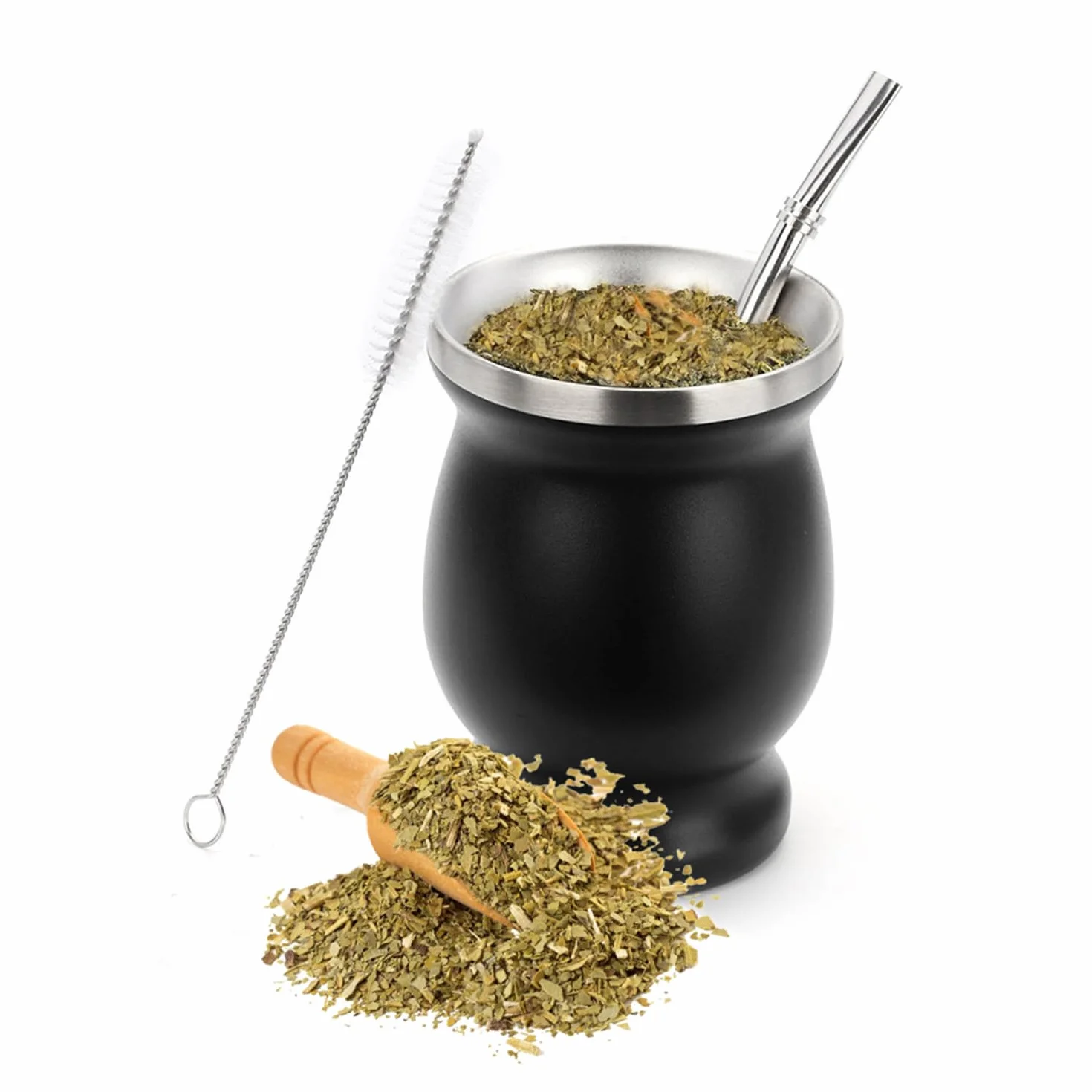 Mate zestaw kubków do herbaty, ze słomką Mate i szczotką do czyszczenia, do herbaty Mate, czarny
