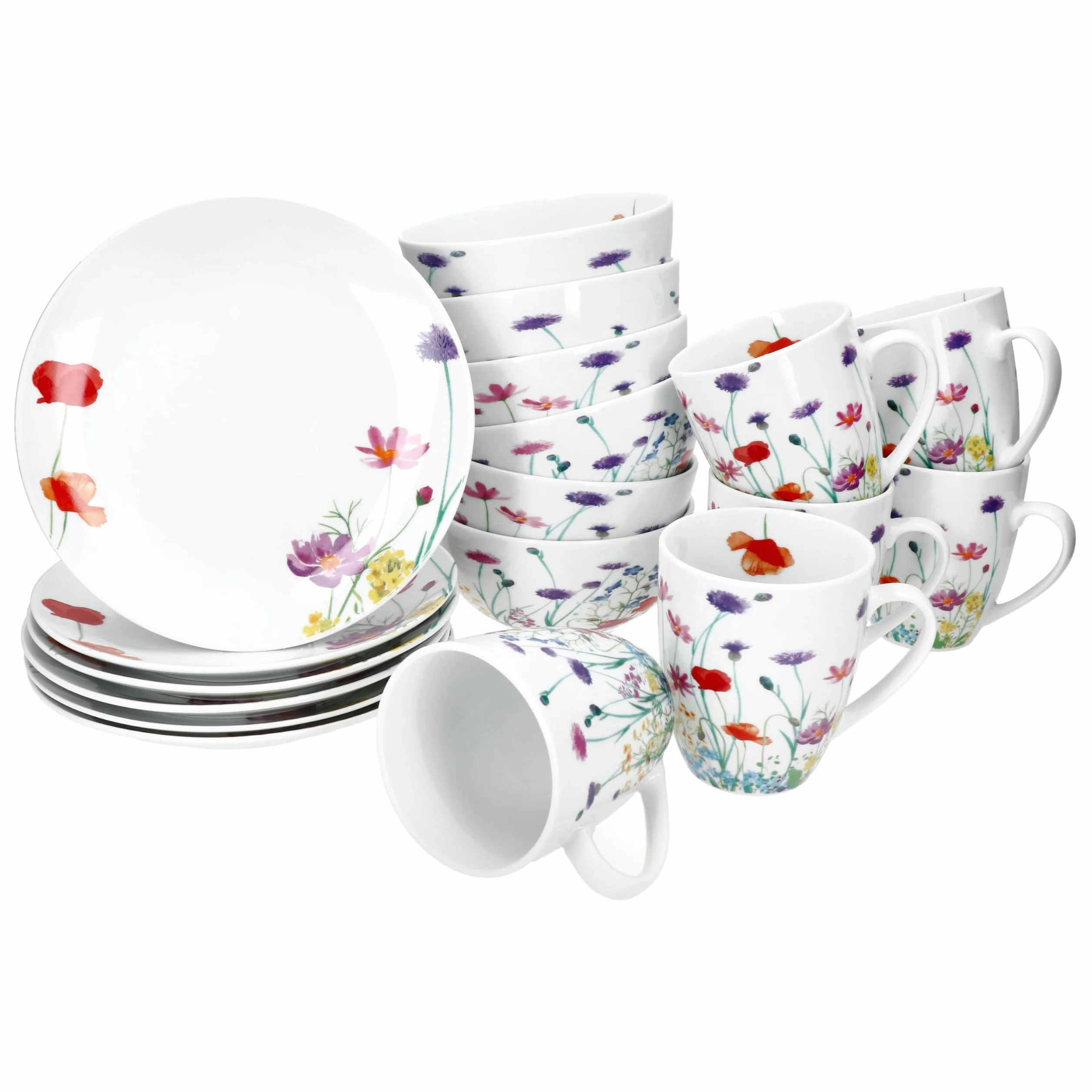MamboCat Marie 18-częściowy zestaw śniadaniowy, porcelanowe naczynia z dekoracją łąki kwiatowej dla 6 osób, po 6 talerzy, miski 400 ml i kubki 320 ml, na śniadanie i kawę