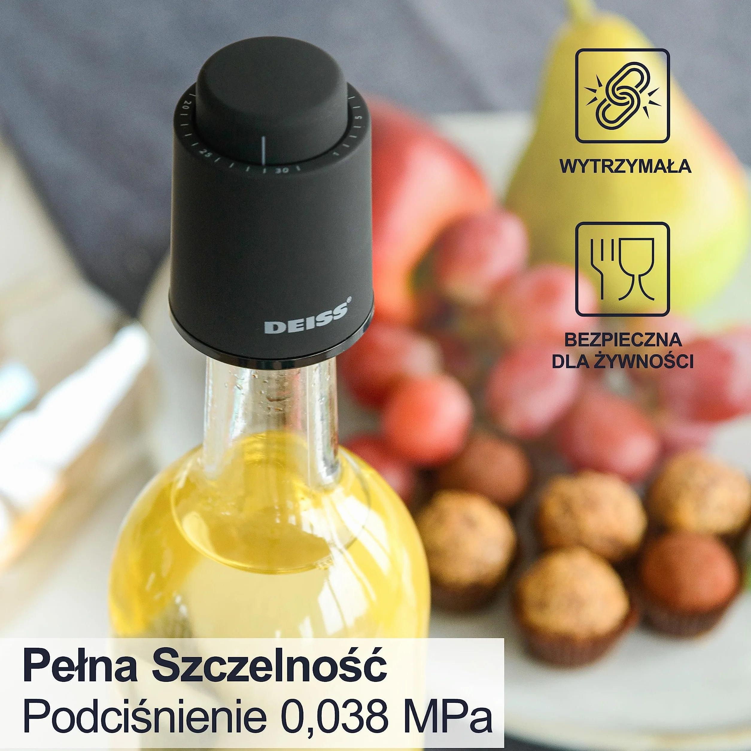 Deiss LUX [2 SZT.] Korki do butelek wina, korki do wina wielokrotnego użytku, pompka próżniowa do wina ze znacznikami daty, korek do wina, korek do wina, zapewniający świeżość