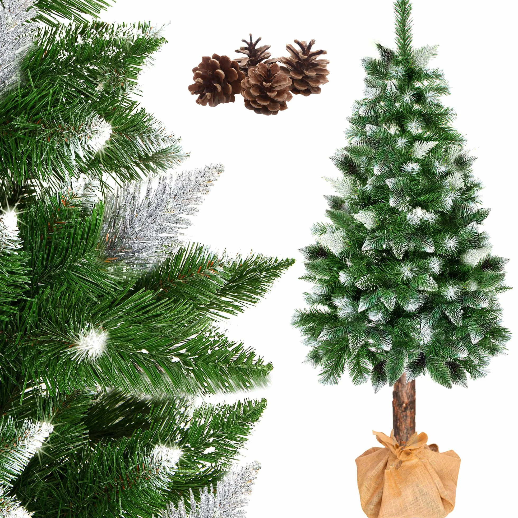 SPRINGOS Choinka z naturalnym pniem, sztucznymi szyszkami i sztucznym śniegiem 180 cm, sztuczne drzewo diamentowe, sztuczny sznurek jutowy, sztuczne drzewo jak prawdziwe, imitacja sosny