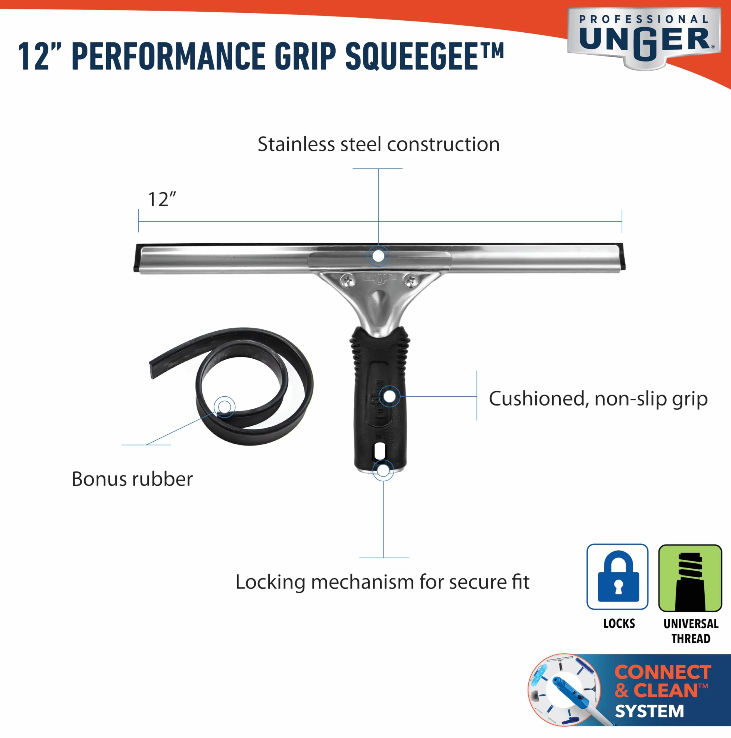 Unger Professional 12" Performance Window & Glass Cleaning Squeegee with Replacement Rubber - Cleaning Supplies, Heavy Duty Squeege for Window Cleaning, Streak-Free Results