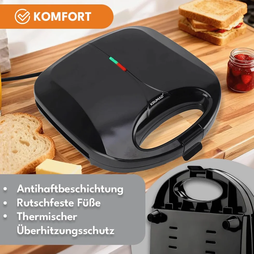 KRUMAD Opiekacz do kanapek 1000W – Dwuszczelinowy Sandwich Maker z powłoką nieprzywierającą, wskaźnikami LED i uchwytem termoizolacyjnym – Kompaktowy toster do tostów