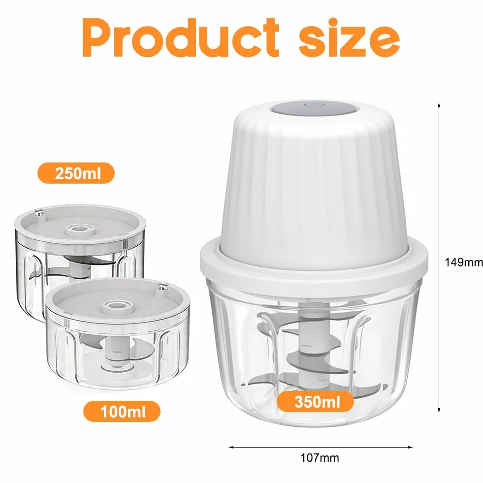 CEWROM Elektryczna rozdrabniarka do cebuli 100+250+350 ml, szatkownica kuchenna USB