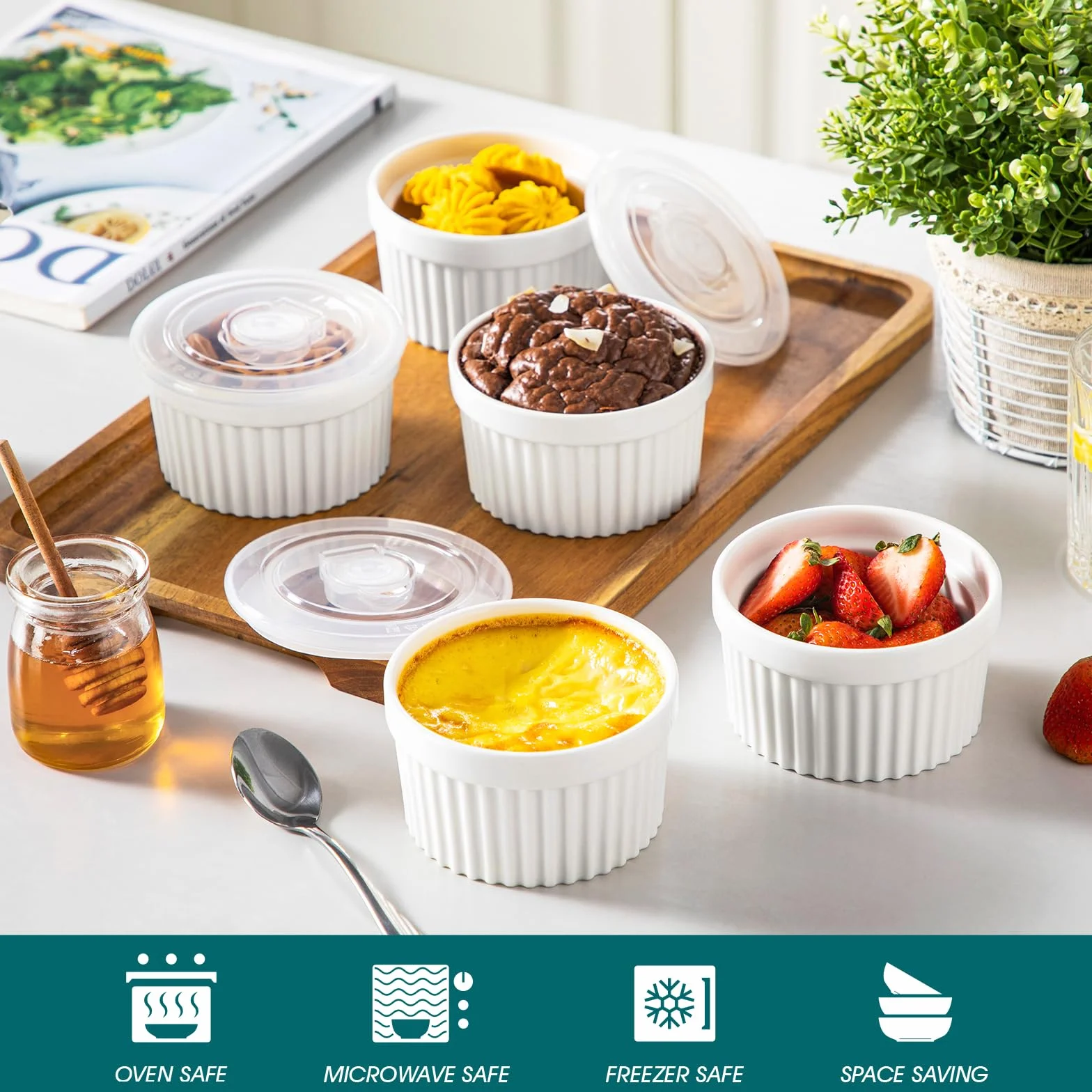 Vancasso Ramekiny z pokrywkami zestaw 6 sztuk 10,6 cm biała porcelana do pieczenia