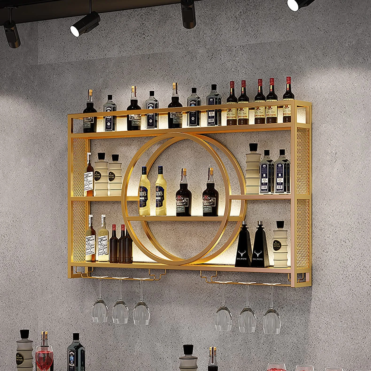 Naścienny stojak na wino z półkami — nowoczesny metalowy barek Pływające półki i szklany stojak Żelazny stojak Uchwyt na wino do domowych barów restauracyjnych
