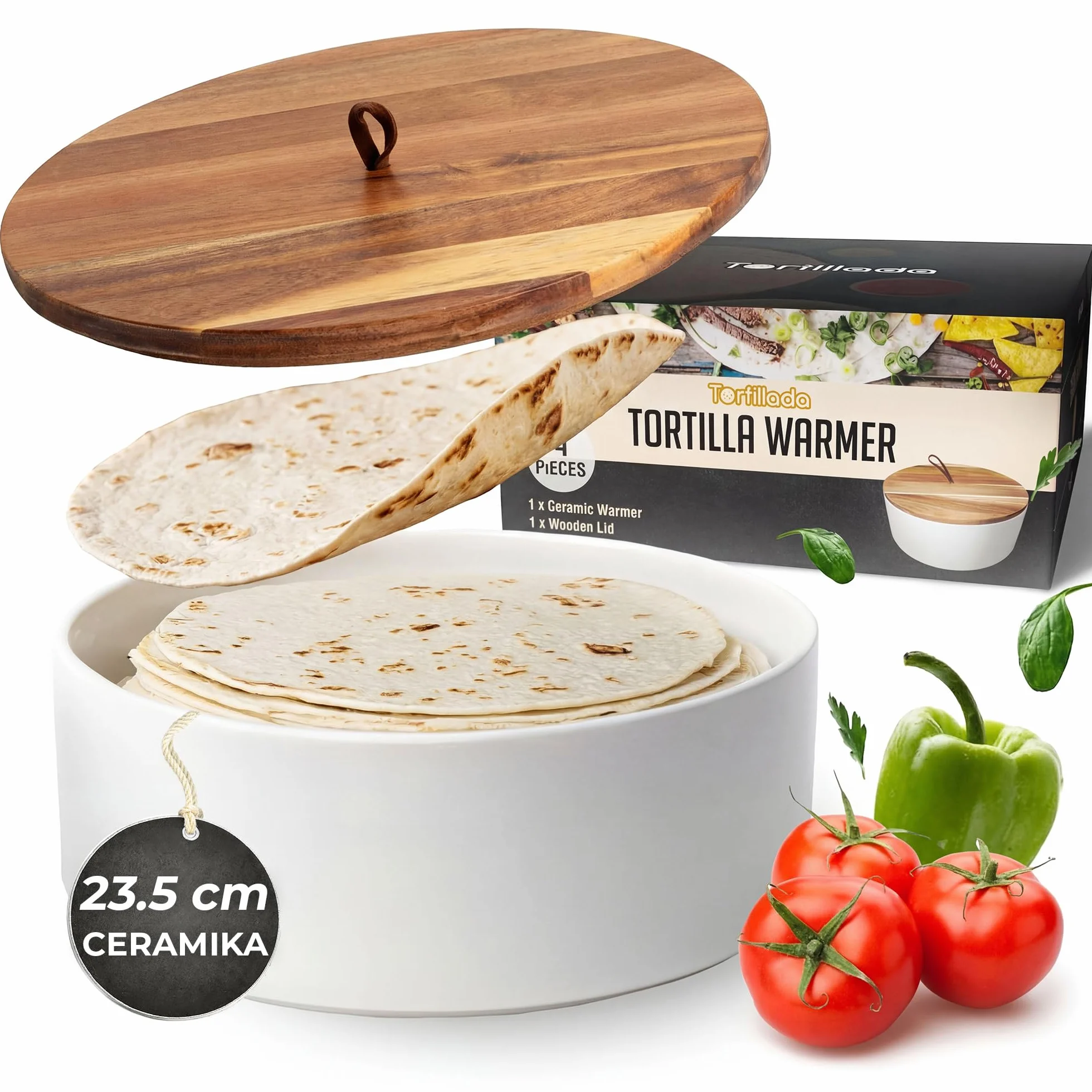 Tortillada – Podgrzewacz do tortilli ceramiczny z pokrywką 23,5 cm, podgrzewacz do chleba, naleśników, uchwyt na tortillę z pokrywką – Można używać w kuchence mikrofalowej