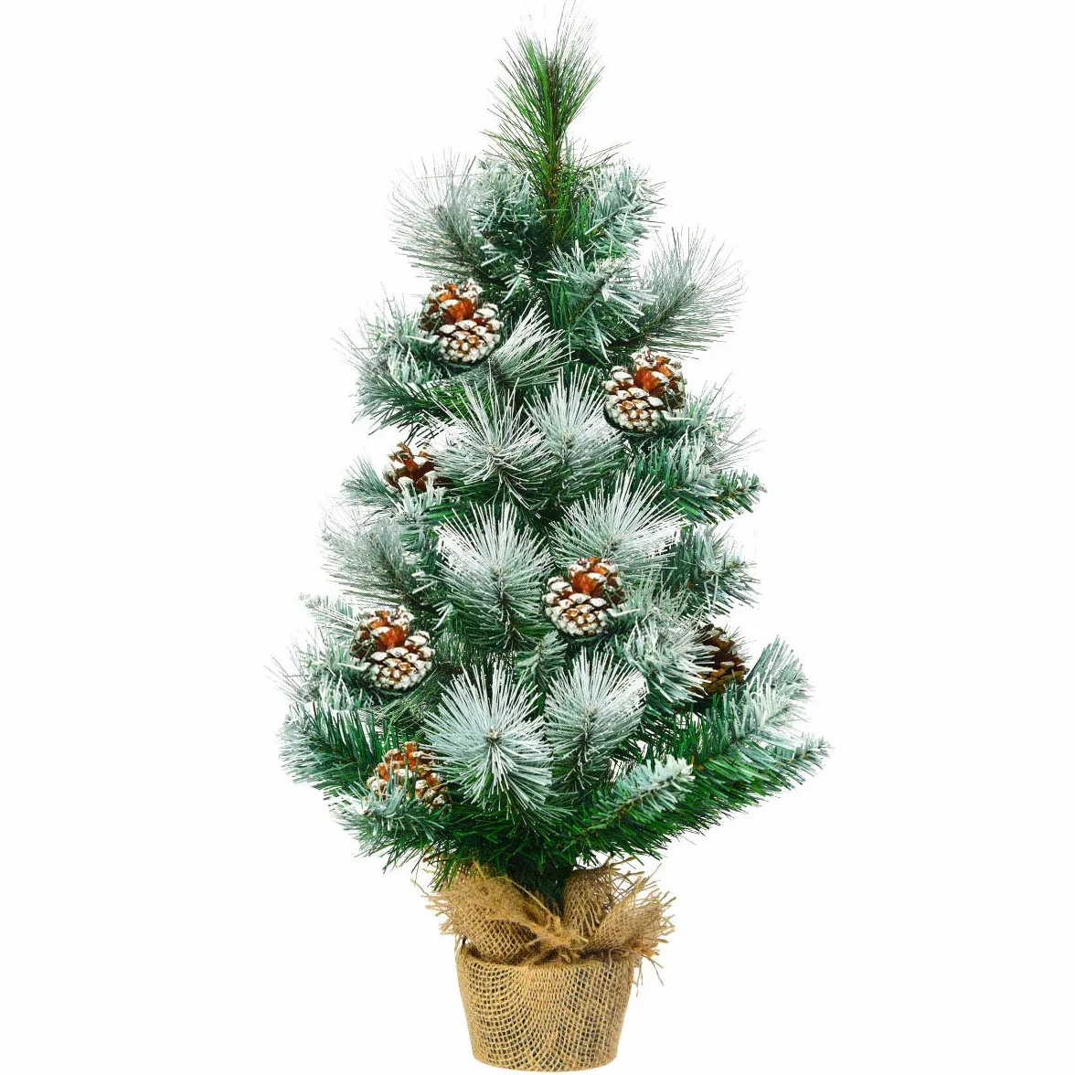 COSTWAY Sztuczna mini choinka 60 cm, stół z podstawą cementową, śnieżna choinka z szyszkami sosnowymi, sztuczne drzewko bożonarodzeniowe, 34 gałązki igieł PCW, zielona
