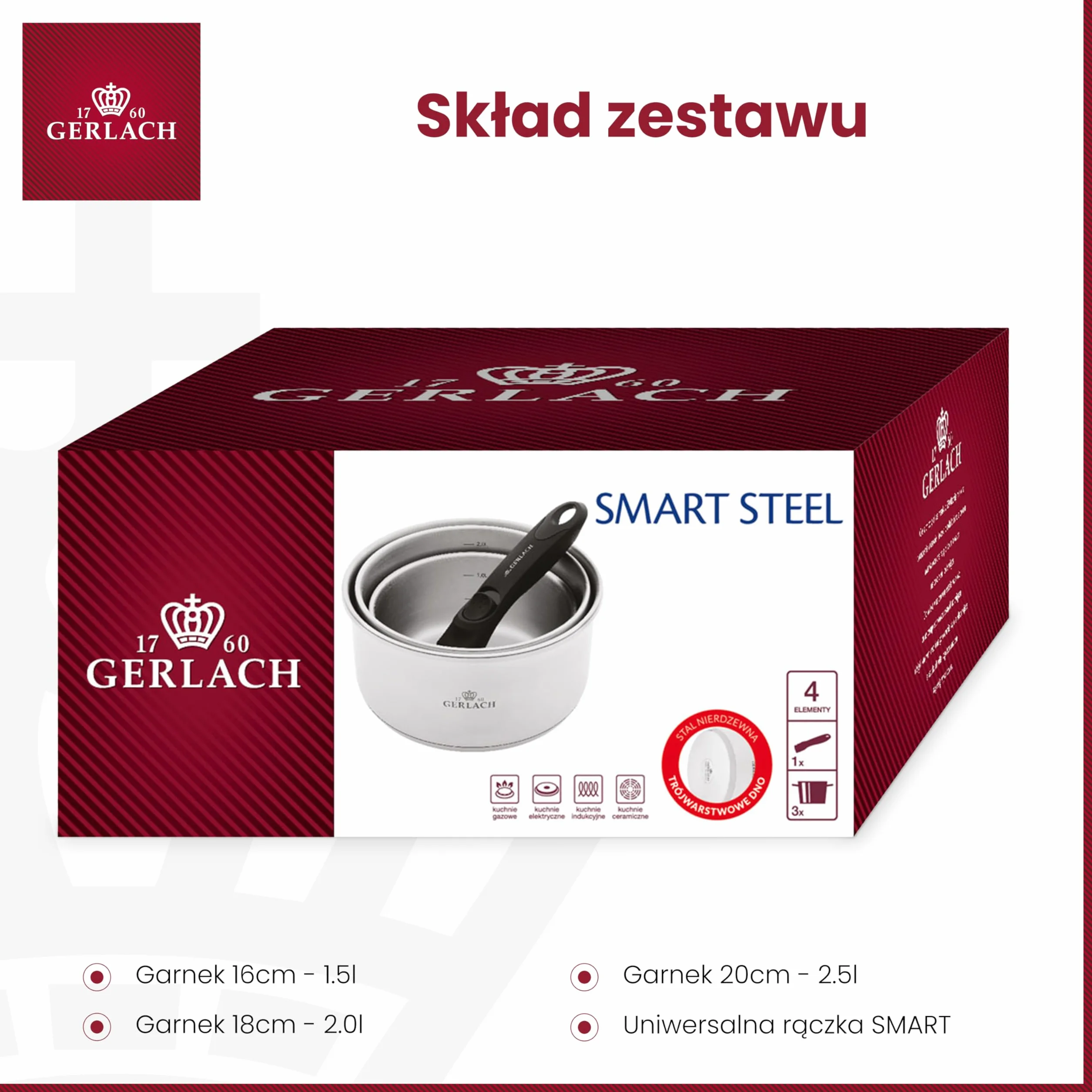 Gerlach Smart Steel Zestaw Garnków Indukcja Stal Nierdzewna Wielowarstwowe Dno Do Kuchenki Gazowej Elektrycznej Ceramicznej Piekarnika 4 Elementy