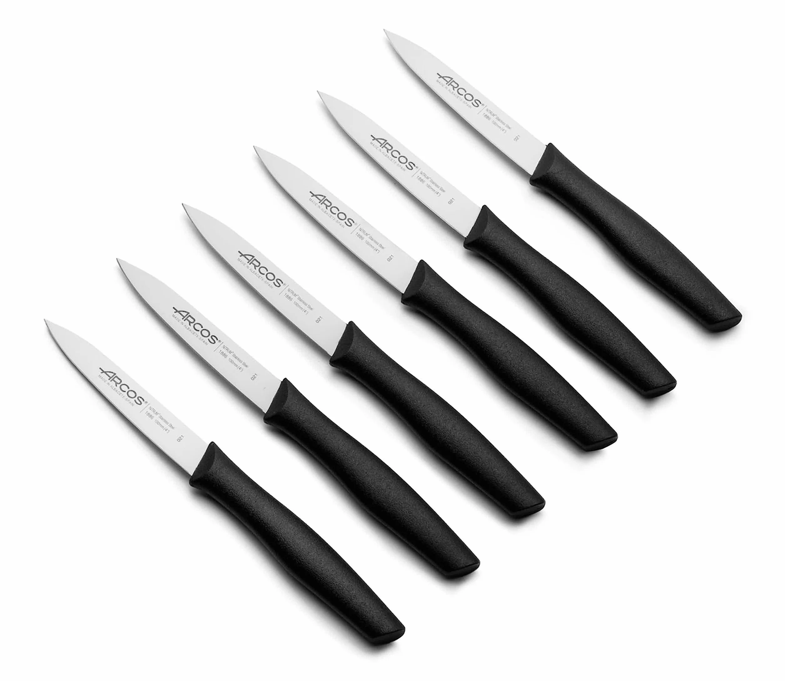 Arcos 6-częściowy zestaw noży do obierania 10 cm. 6 noży do obierania ze stali nierdzewnej z ergonomicznym uchwytem z polipropylenu do krojenia owoców, warzyw i bulw. Seria Nova. Kolor czarny