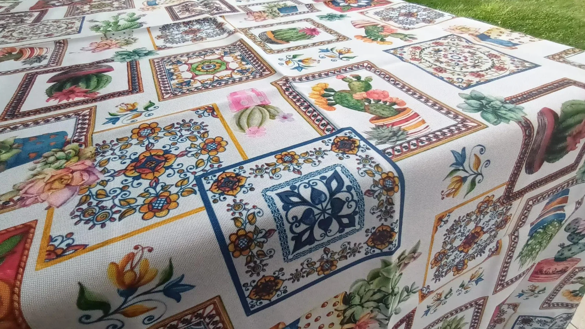 CACTUS I MAIOLICA Wzór Druk Cyfrowy Wodoodporny Obrus Odporny Na Plamy .. We wszystkich rozmiarach... BEZ Prasowania... Aktualności 2025!!! (120X160)