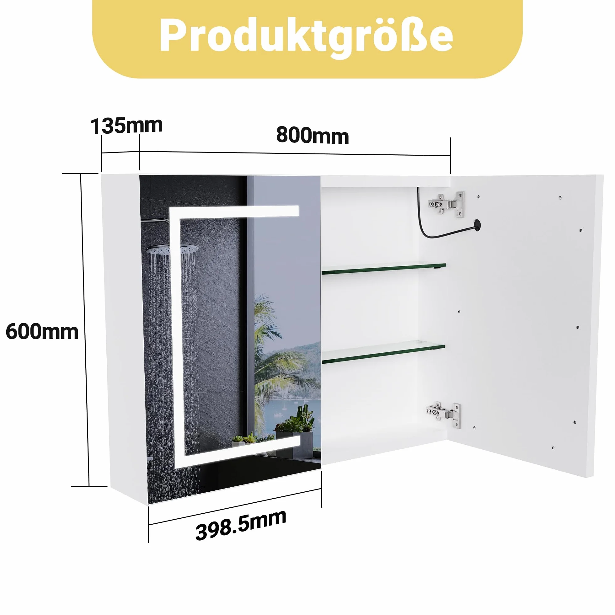 Szafka łazienkowa z lustrem łazienkowym, z 2 drzwiami z lustrem, szafka łazienkowa z oświetleniem LED, szafka łazienkowa z lustrem z półkami z regulacją wysokości, 3 temperatury barwowe