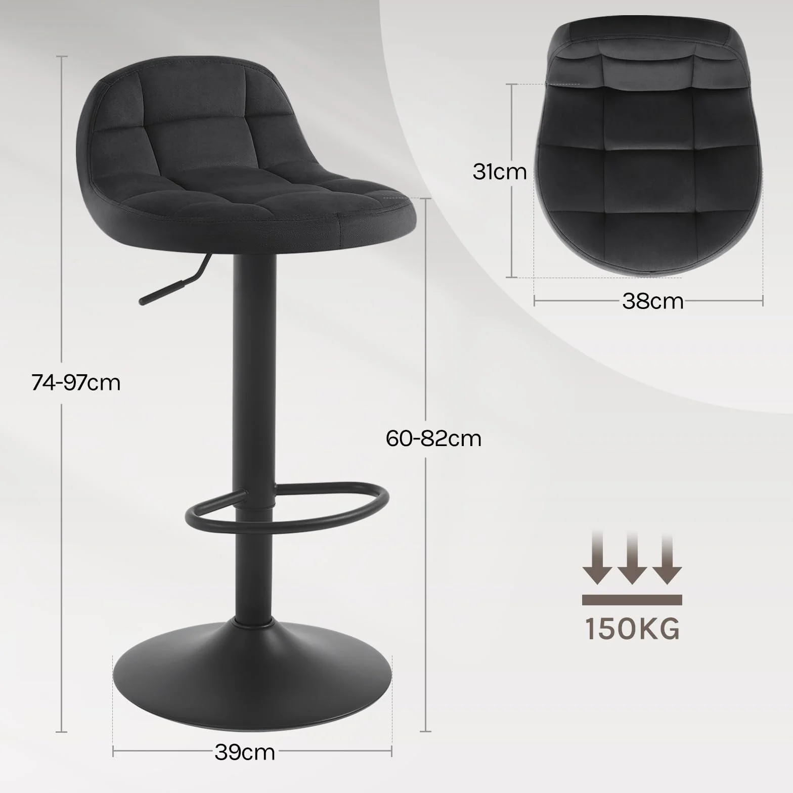 WOLTU stołki barowe z oparciem, podnóżek z regulacją wysokości (62-83 cm), krzesło obrotowe o 360°, obciążenie do 120 kg, aksamitny metal, kolor czarny