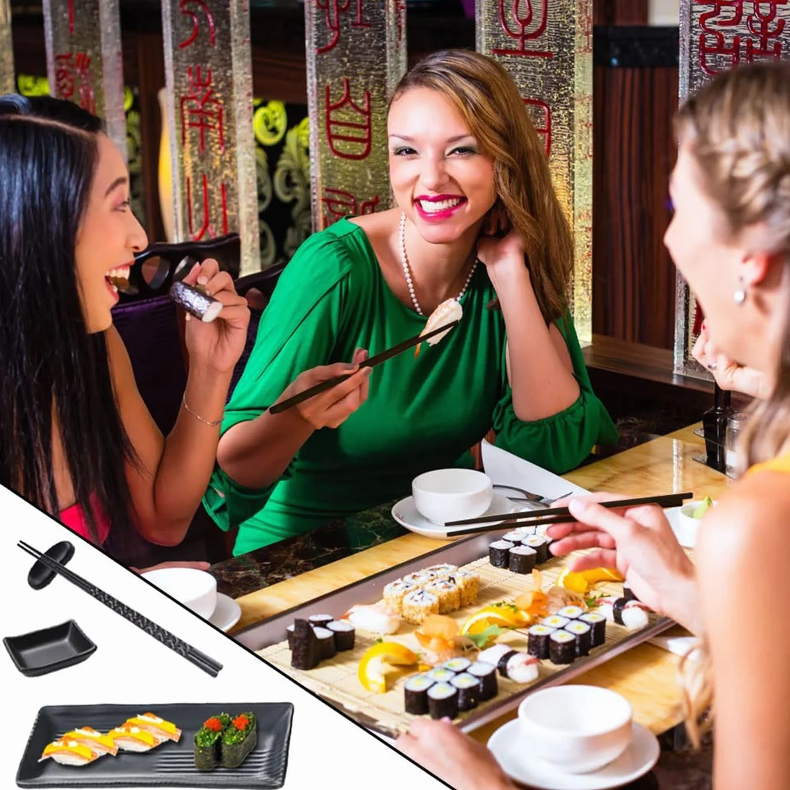 Talerz do sushi z miseczkami do dipów, naczynia do sushi z pałeczkami, japońskie talerze do sushi, zestaw azjatyckich naczyń, z 2 parami pałeczek, 2 półkami, 2 talerze, 2 talerze, czarny