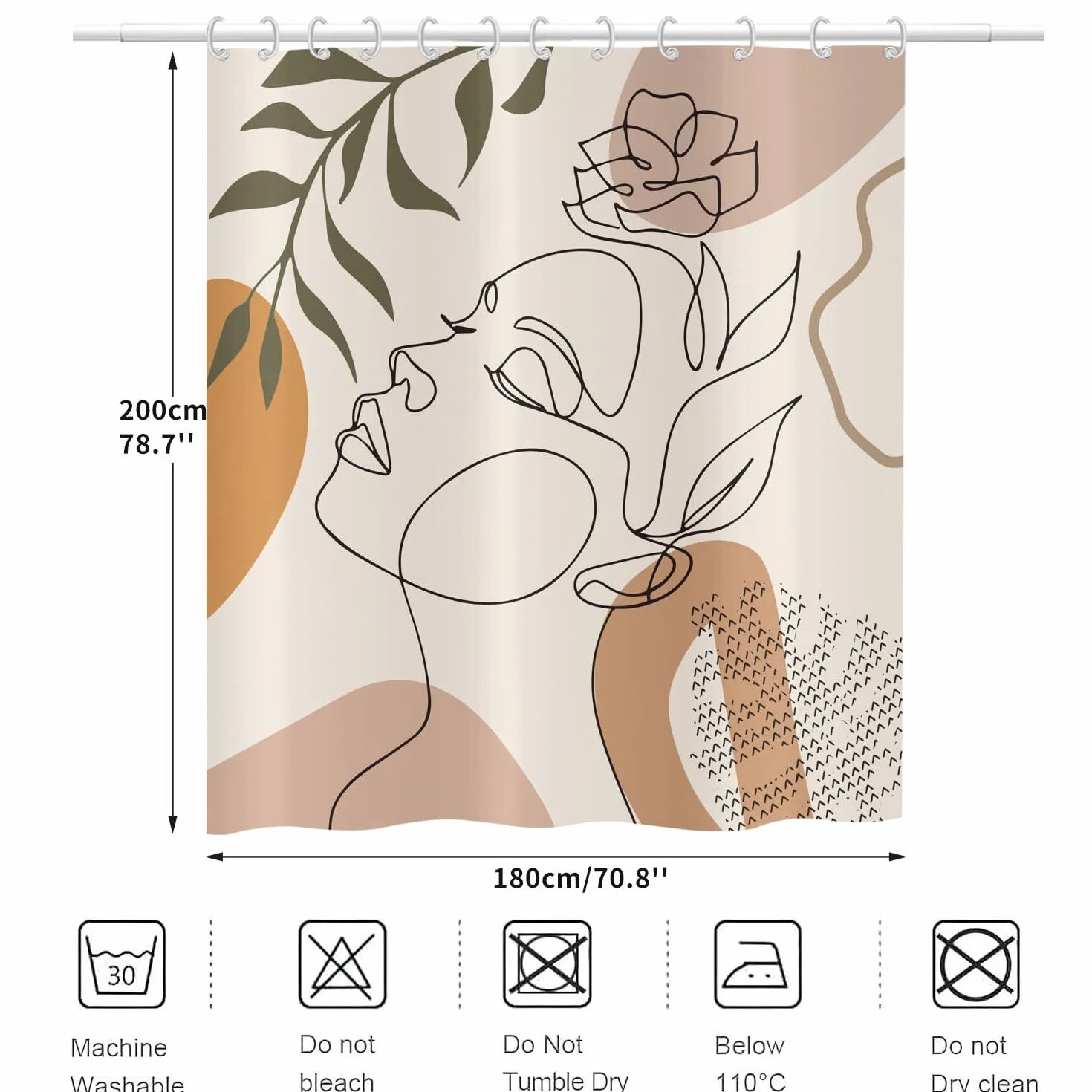 Zasłona prysznicowa w stylu boho, beżowa, 180 x 200 cm, nowoczesna, abstrakcyjna, dla dziewczynki, z twarzą, kwiat, zielone liście, nadaje się do prania, poliester, tkanina, wodoszczelna, z 12
