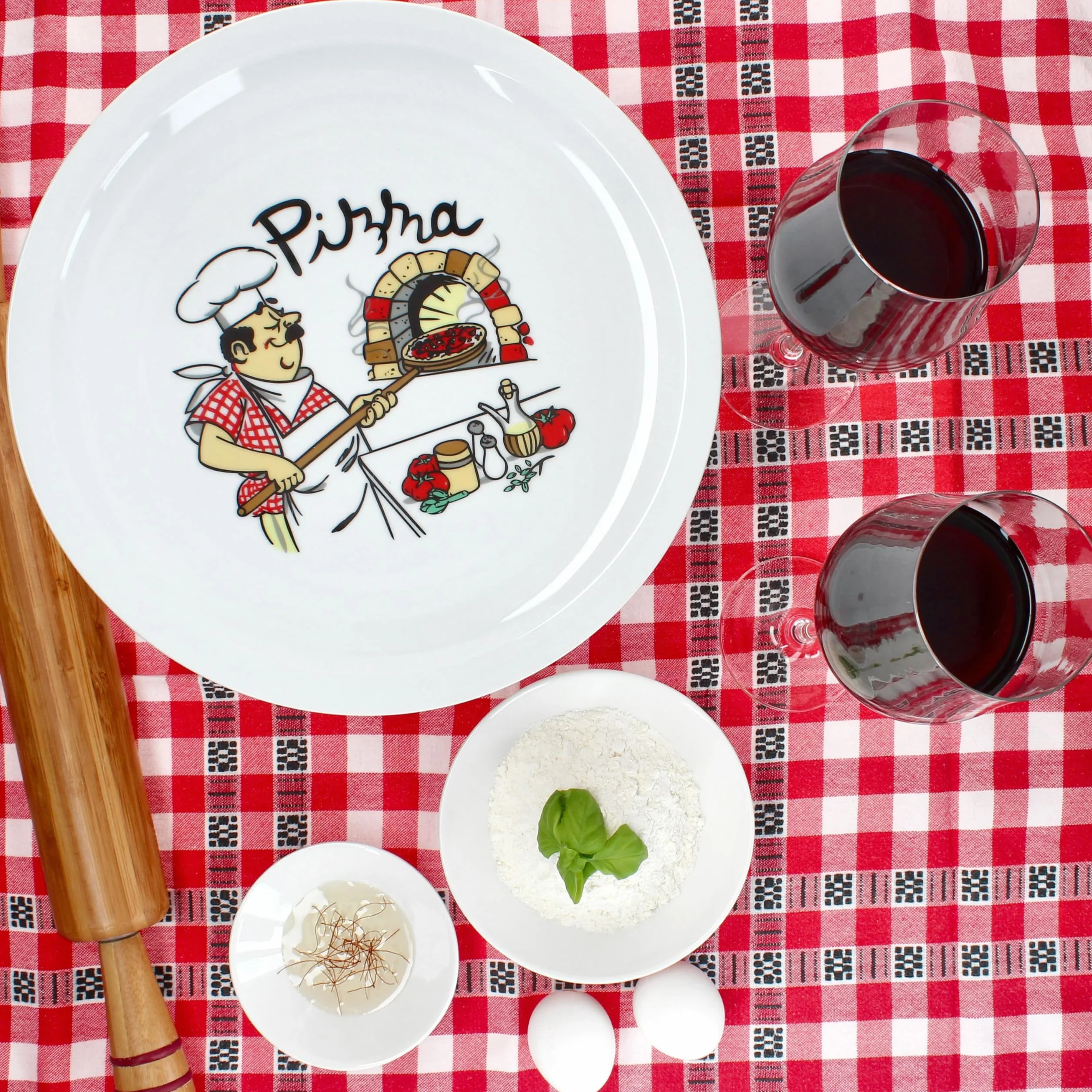MamboCat Luigi 6-częściowy zestaw talerz do pizzy I Ø 30,5 cm I dla 6 osób I białe duże talerze z porcelany z motywem pieczywa pizzy I do pizzy lub do przyrządzania