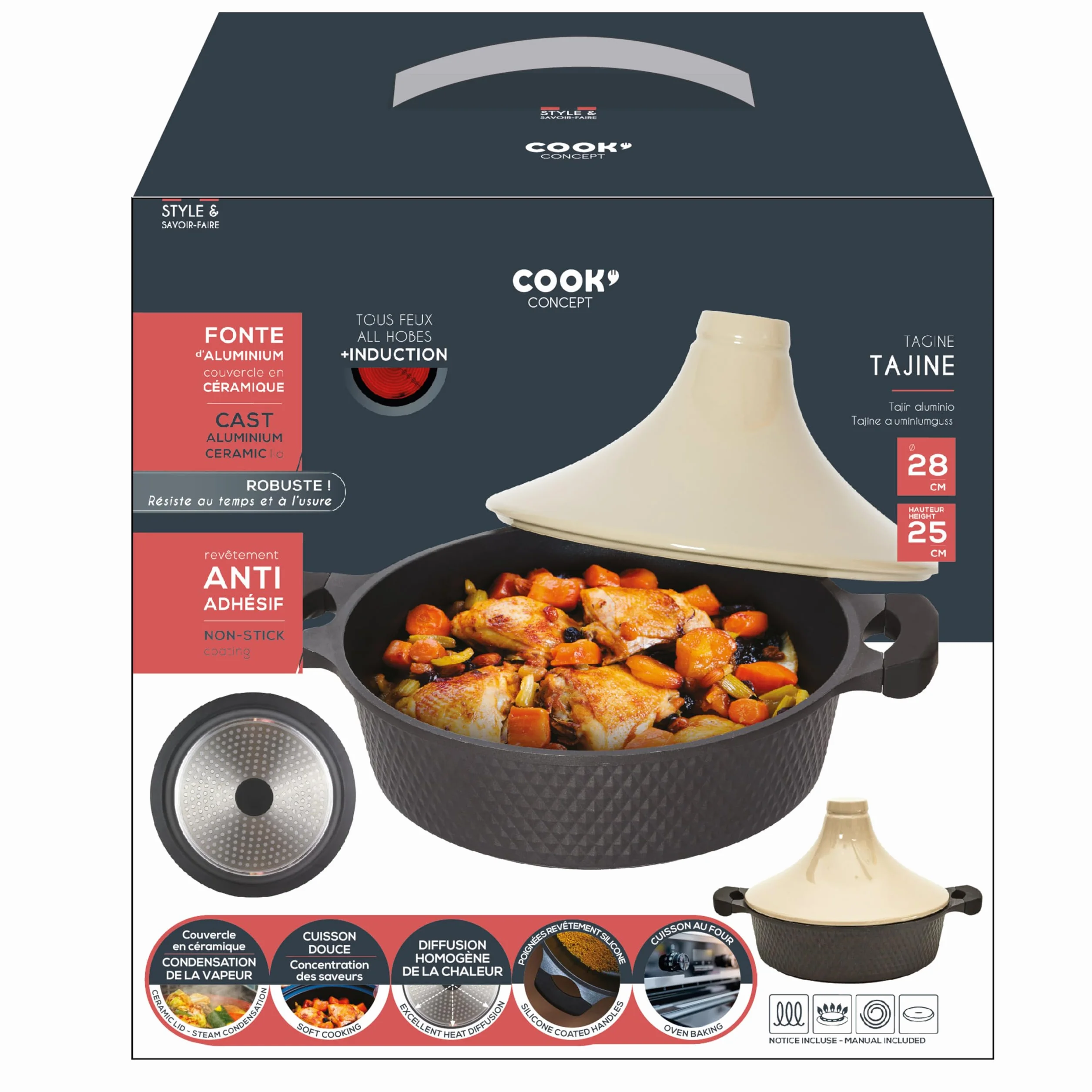 COOK CONCEPT - KC25801 - Tajine indukcyjny okrągły odlew aluminiowy Vitro-Ceramic - Powłoka nieprzywierająca czarny/beżowy