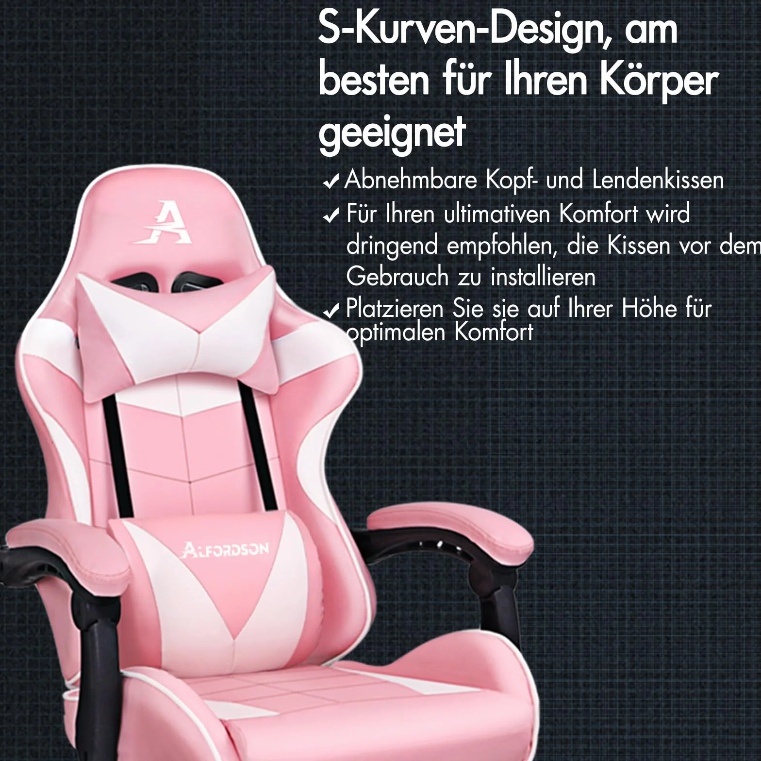 ALFORDSON fotel do gier, ergonomiczne krzesło biurowe, masażer, chowana podpórka na nogi, skóra PU, regulowana wysokość i nachylenie, ładowność 180 kg, kolor różowy