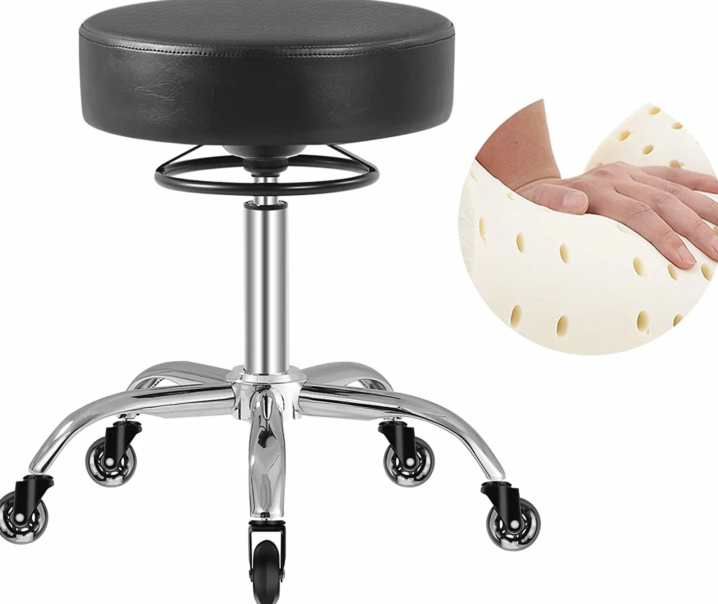 Taboret na kółkach z regulacją wysokości – 50 – 62 cm, obciążenie do 180 kg, taboret obrotowy o 360°, taboret do salonu i spa, ze skóry (czarny)
