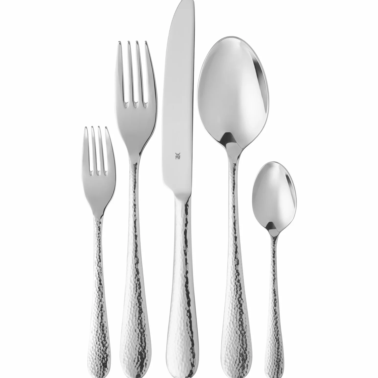 WMF Sitello Cromargan 12-osobowy zestaw sztućców, 60-częściowy zestaw sztućców, nóż monoblokowy, stal nierdzewna Cromargan polerowana, młotkowana, ergonomiczna, błyszcząca, nadaje się do