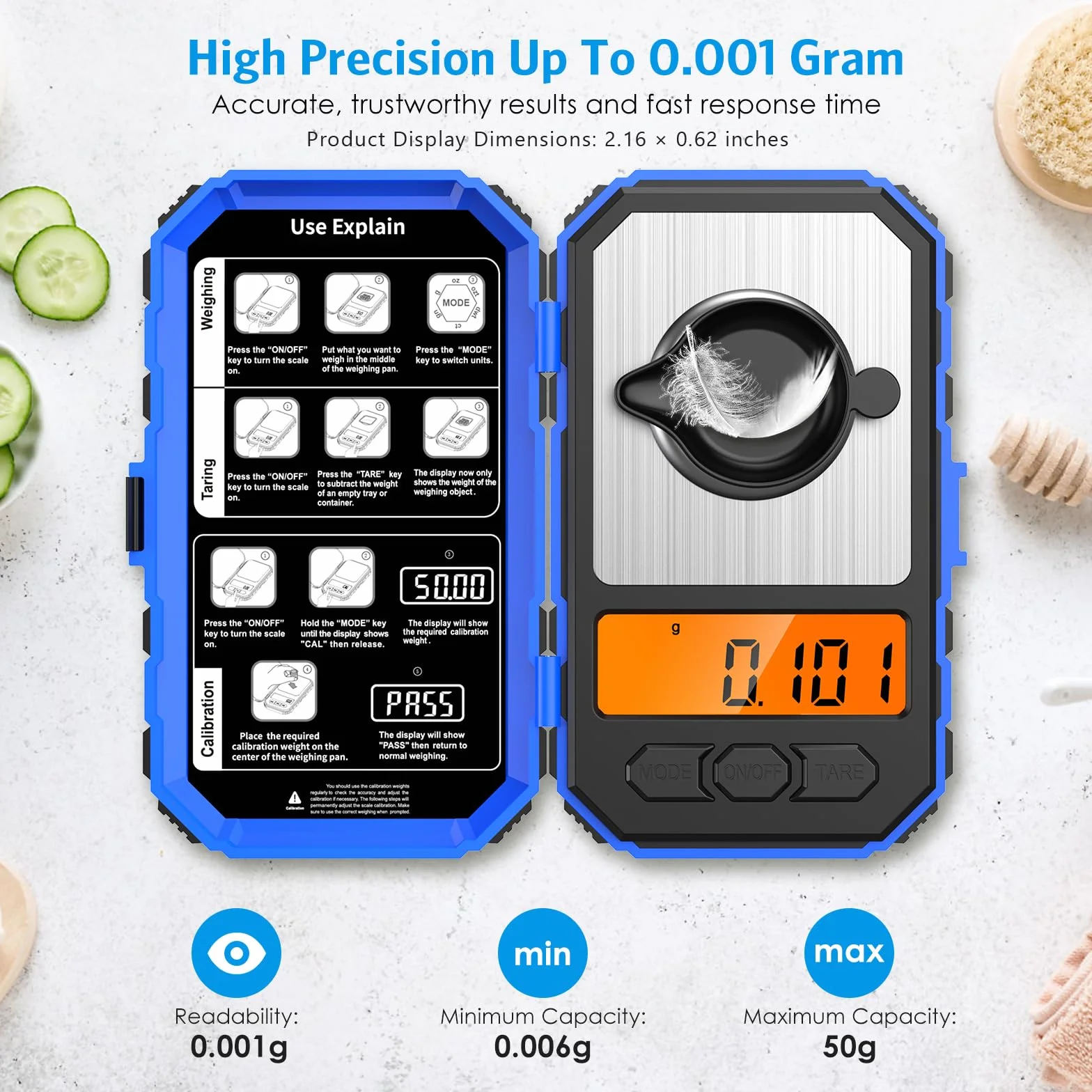 ORIA Cyfrowa Waga Miligramowa Drobna 50 g/0,001 g - Precyzyjna Kieszonkowa do Biżuterii, LCD Mini Przenośna, Funkcja Tary, 10 g x 2 Szt. Obciążniki Kalibracyjne - Niebieska