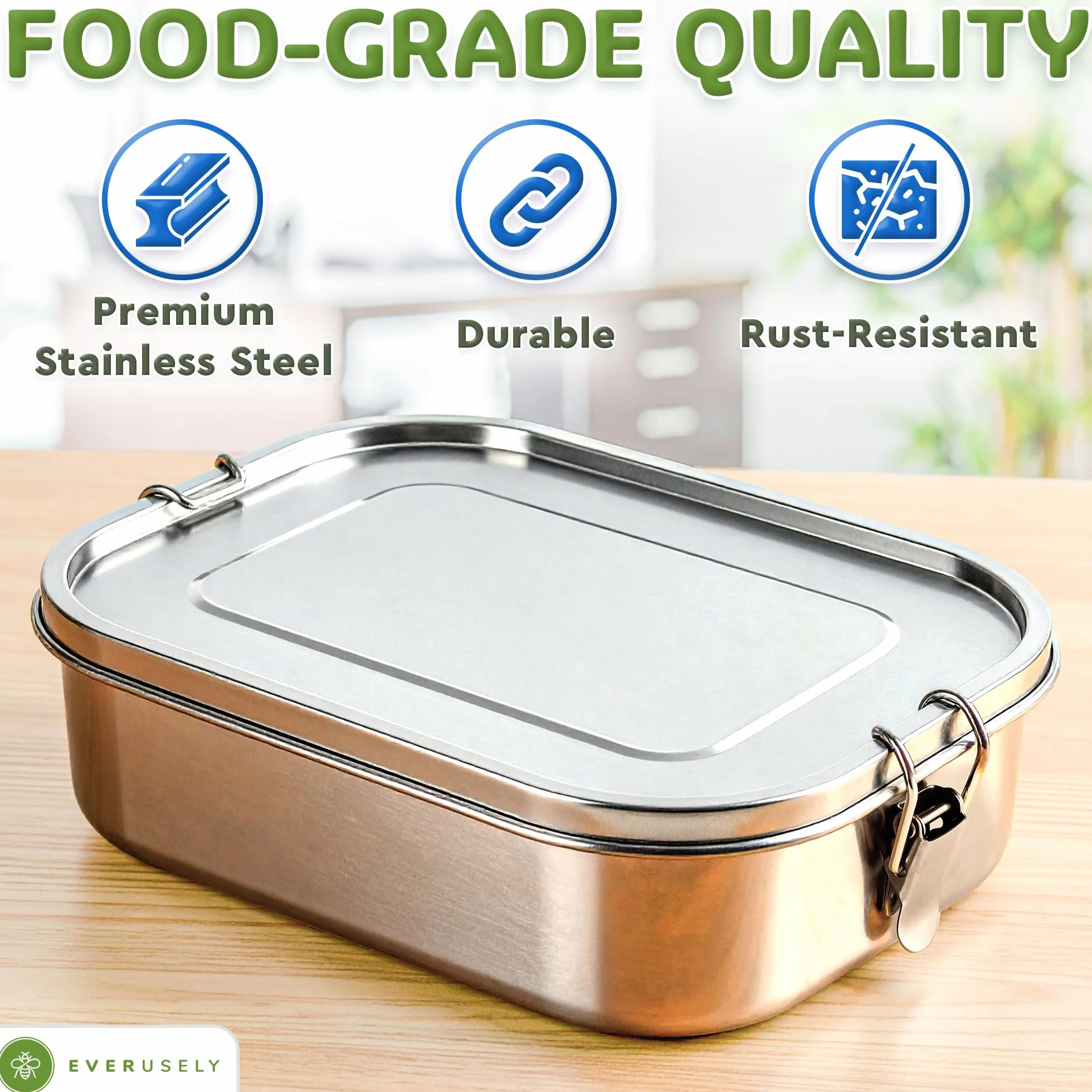 Everusely - Bento Box - Stainless Steel Lunch Box for Adults - 1.4 L - 5 Compartment Snack Container + Removable Silicone Seal + Secure Lock Clip