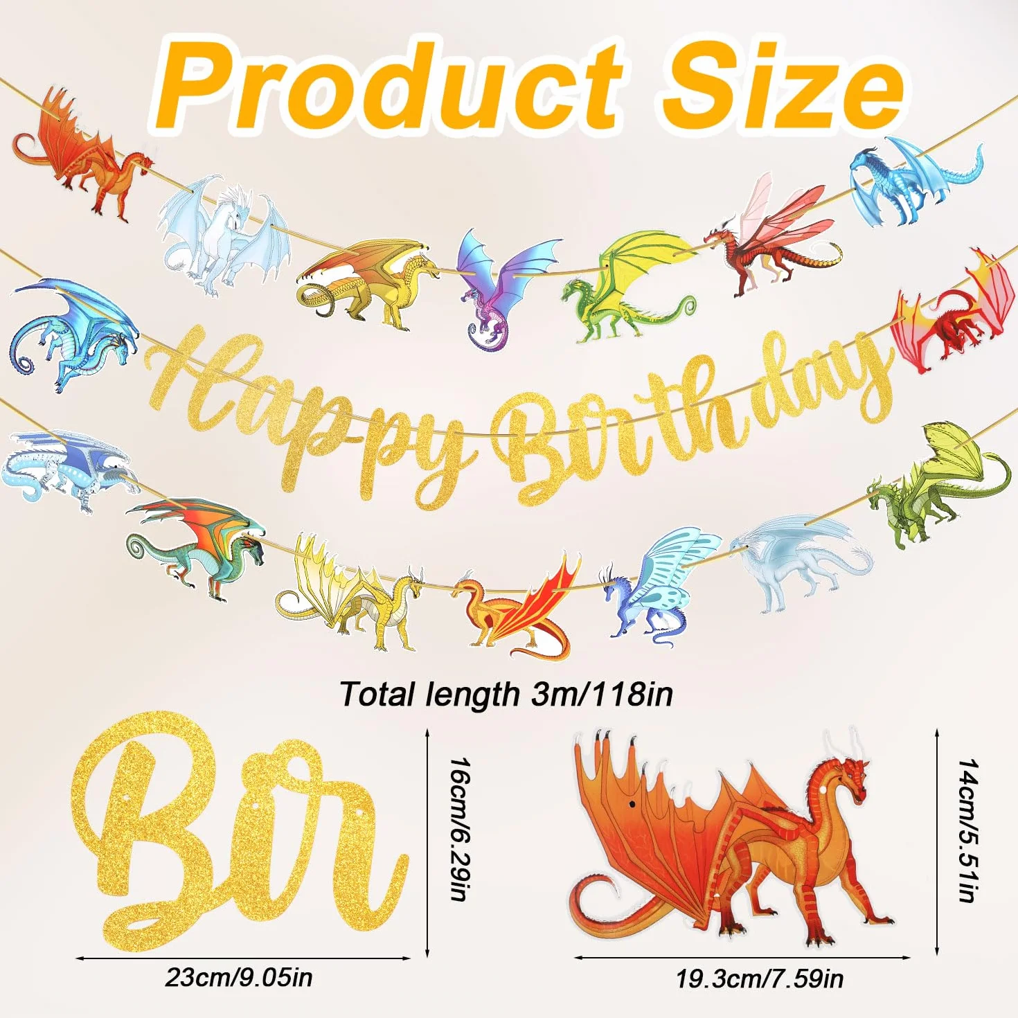 Baner Urodzinowy Dragon Happy Birthday Banner, Zólta Czcionka Dekoracje Urodzinowe Dragon Sznurek Wiszacy Baner Urodzinowy Dragon na Impreze Tematyczna Dragon i Akcesoria na Baby Shower