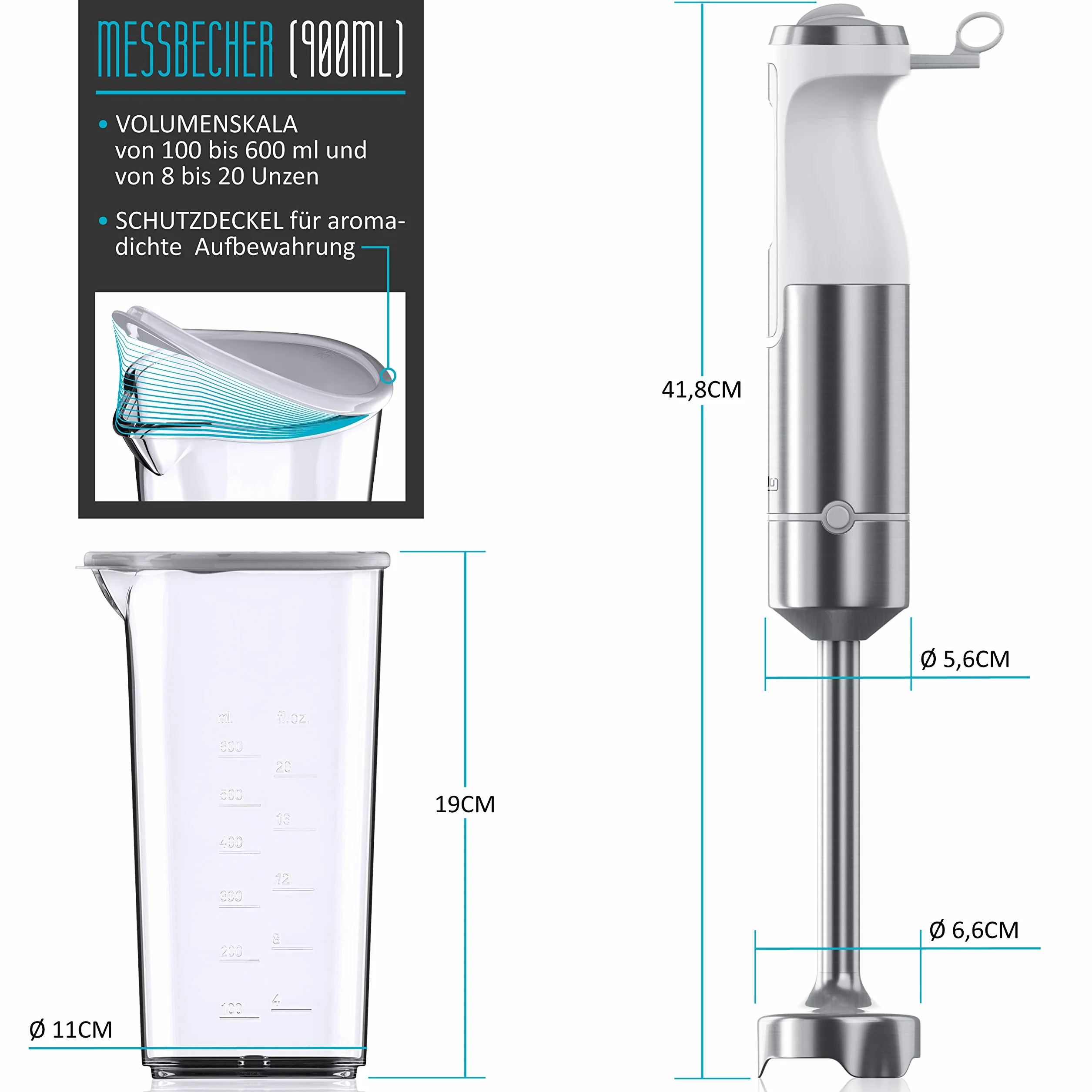 Arendo - Blender ręczny 1000 W - blender ze stali nierdzewnej - blender - czterolistny nóż - bezstopniowa regulacja prędkości - przycisk turbo - mocny silnik 1000 W - GS - z miarką - biały