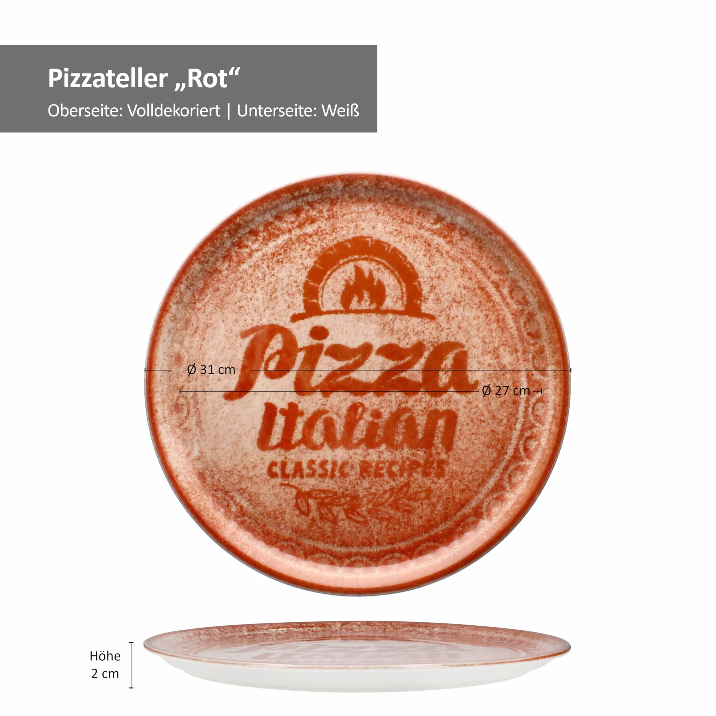 MamboCat Zestaw 2 Talerzy do Pizzy w Kolorze Czerwonym i Czarnym, Ø 31 cm, dla 2 Osób, Duże Talerze z Porcelany z Dekoracją i Napisem, Przyrządzania I Talerz Obiadowy XL