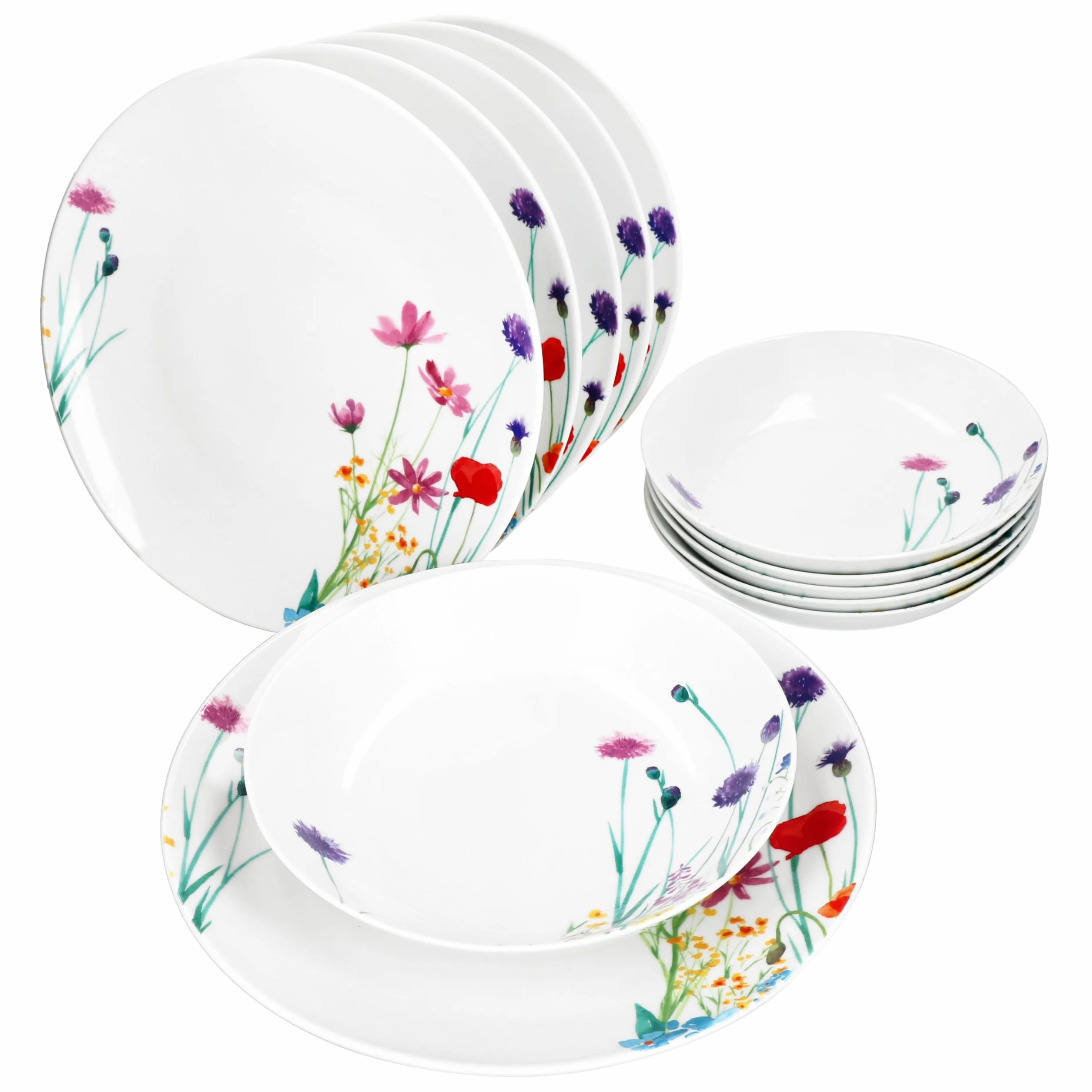 MamboCat Marie 12-częściowy zestaw obiadowy z porcelany, dekoracja łąki kwiatowej, dla 6 osób