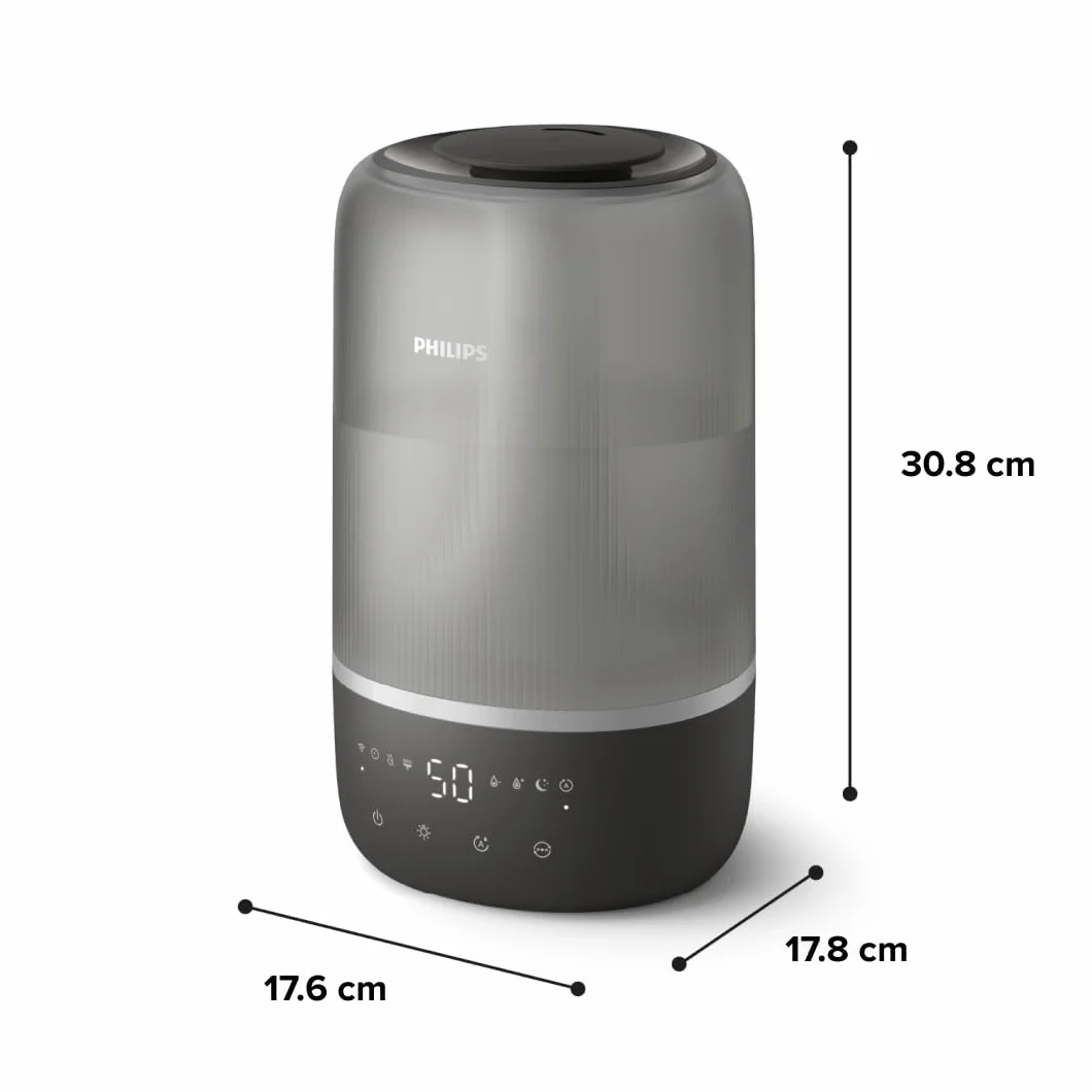 Philips Inteligentny nawilżacz, kompaktowy i mocny, z mgiełką Sky High, czas pracy do 32 godzin, aromaterapia, cichy, z ustawieniem snu i lampką nocną, do pomieszczeń o powierzchni do 41m² (HU1510/03)