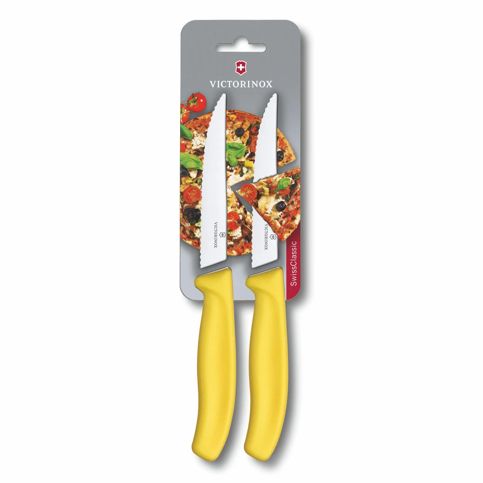 Victorinox, 6.7936.12L8B, Swiss Classic, Steak- und Pizzamesser, Extra scharfe Klinge, mit Wellenschliff, robuster Kunststoff-Griff, Gelb, Made in Switzerland, Spülmaschinengeeignet