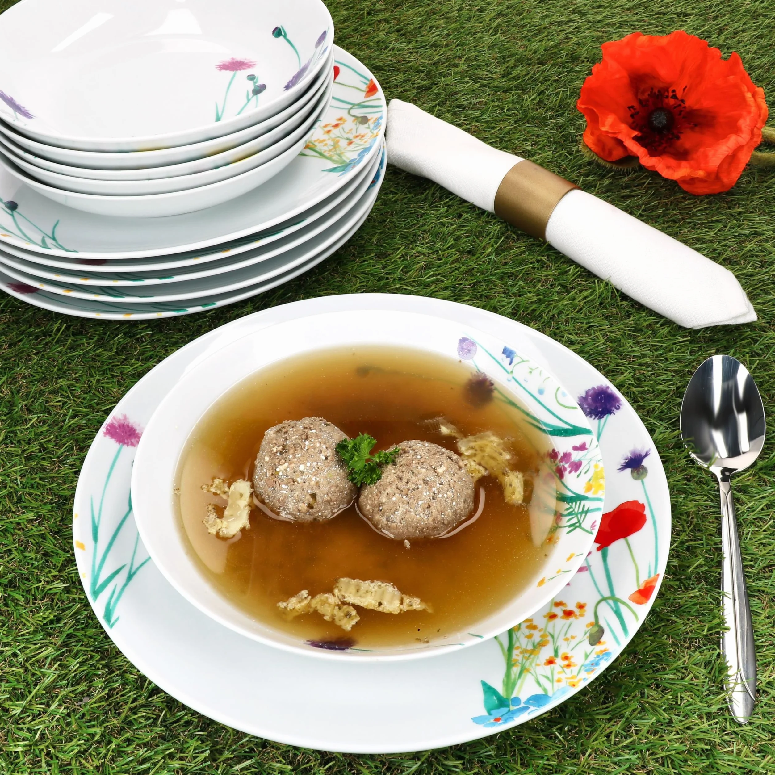 MamboCat Marie 12-częściowy zestaw obiadowy z porcelany, dekoracja łąki kwiatowej, dla 6 osób
