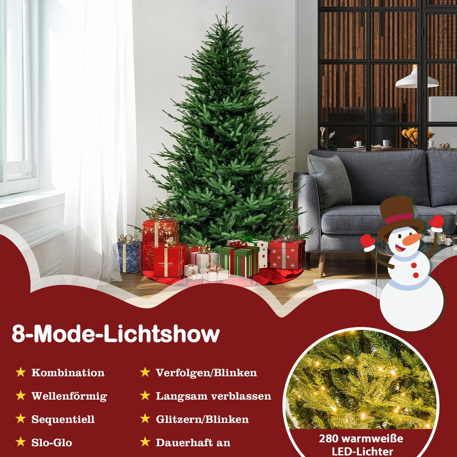 COSTWAY 180 cm sztuczna choinka podświetlana LED z 280 światłami, 788 końcówkami, zielona