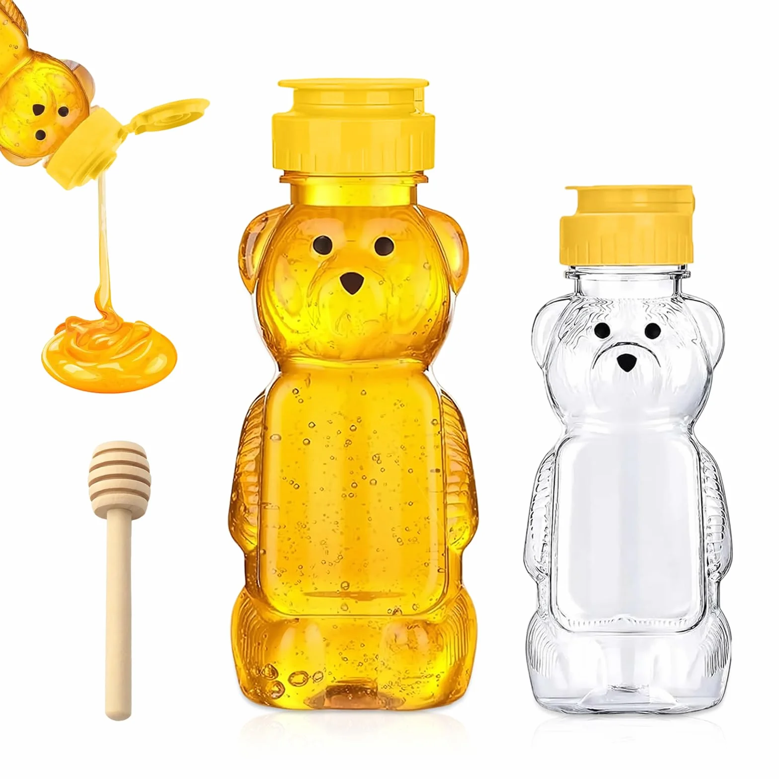Wekuw 2 sztuki niedźwiedź dozownik miodu 250 ml 350 ml z łyżeczką do miodu dozownik syropu niekapiący przezroczysty wyciskacz z pokrywką słoik na miód słoiki na dżem mała butelka na sosy idealna do