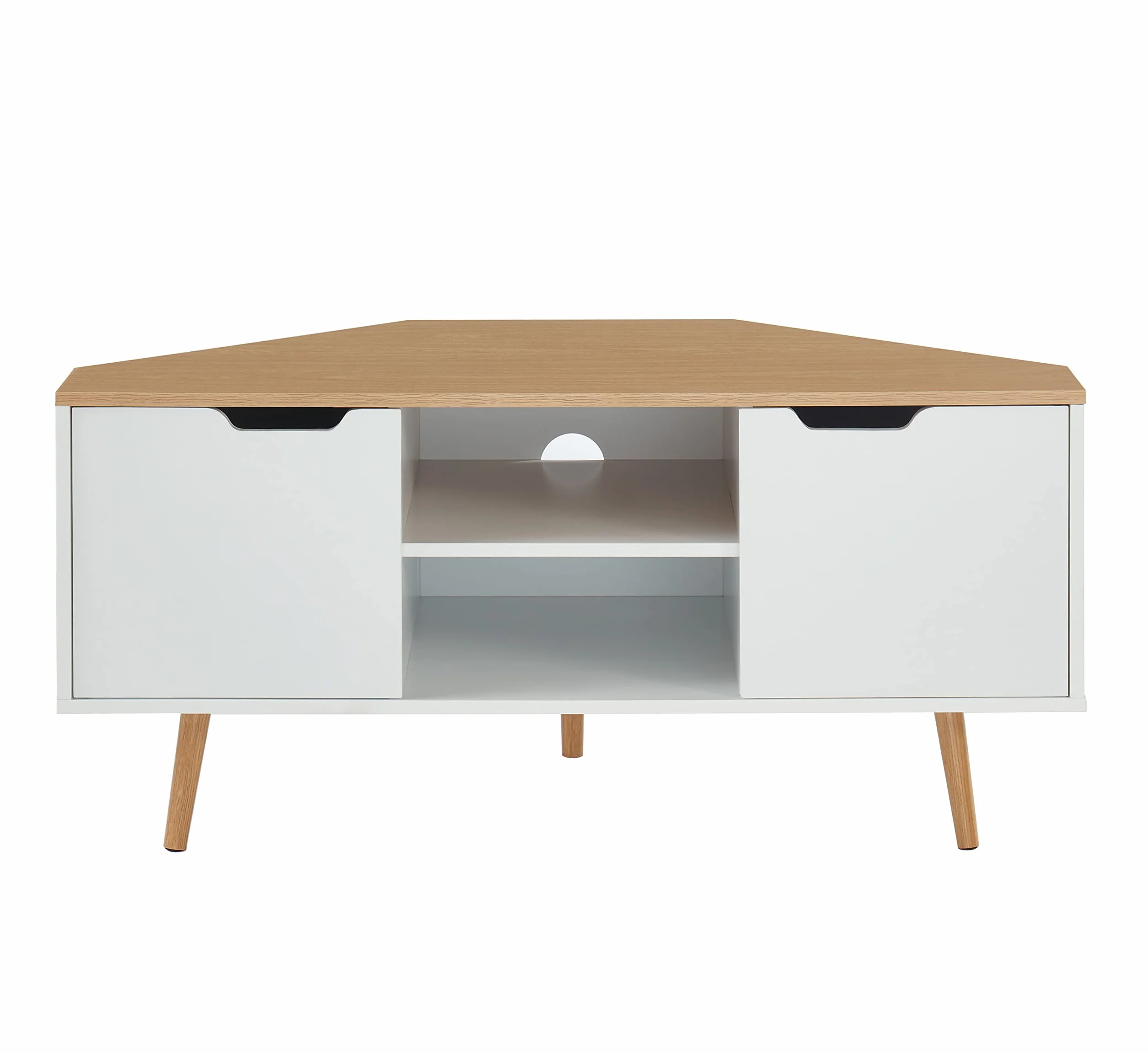 BAÏTA Narożna szafka pod telewizor - dekoracja biała i dębowa - styl industrialny - szer. 115 x gł. 55 x wys. 53,5cm - LYNA