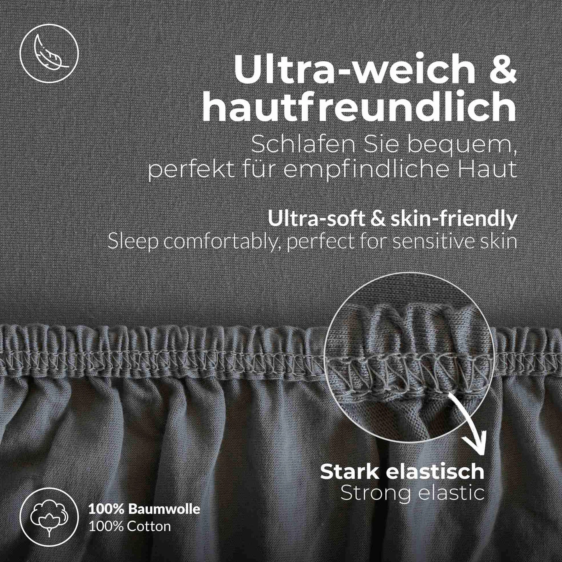 etérea Comfort Jersey Prześcieradło 200x220cm - 200x220 Oekotex Made in Green - 100% bawełna, prześcieradło z dżerseju do 25 cm wysokości - prześcieradło 200x220-200x220 cm Antracyt