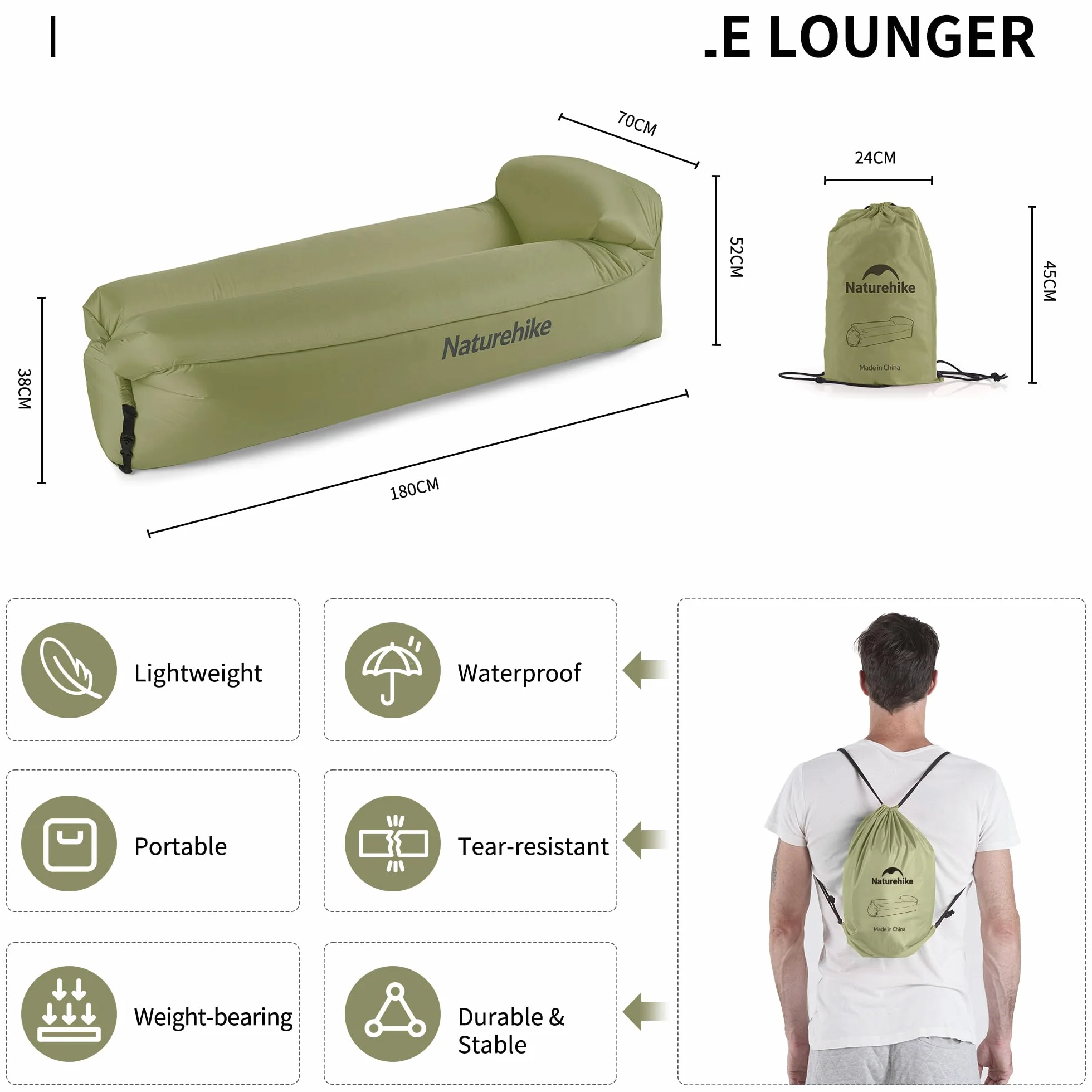Naturehike Wodoodporna sofa powietrzna Air Lounger z przenośnym pakietem, nadmuchiwana na podróż, kemping, basen, plażę (zielony awokado)